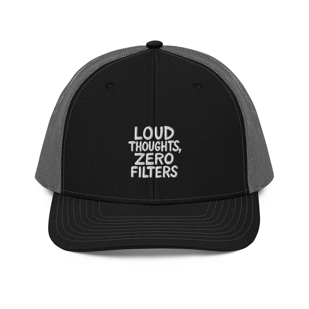 Loud Thoughts, Zero Filters - Sarcastic Hat in Cap Black Charcoal - Front View | Sarcastic Hats | PureSarcasm