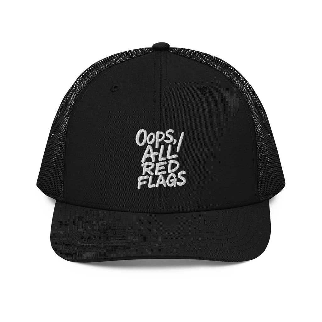 Oops, All Red Flags - Sarcastic Hat in Trucker Cap Black - Front View | Sarcastic Hat | PureSarcasm