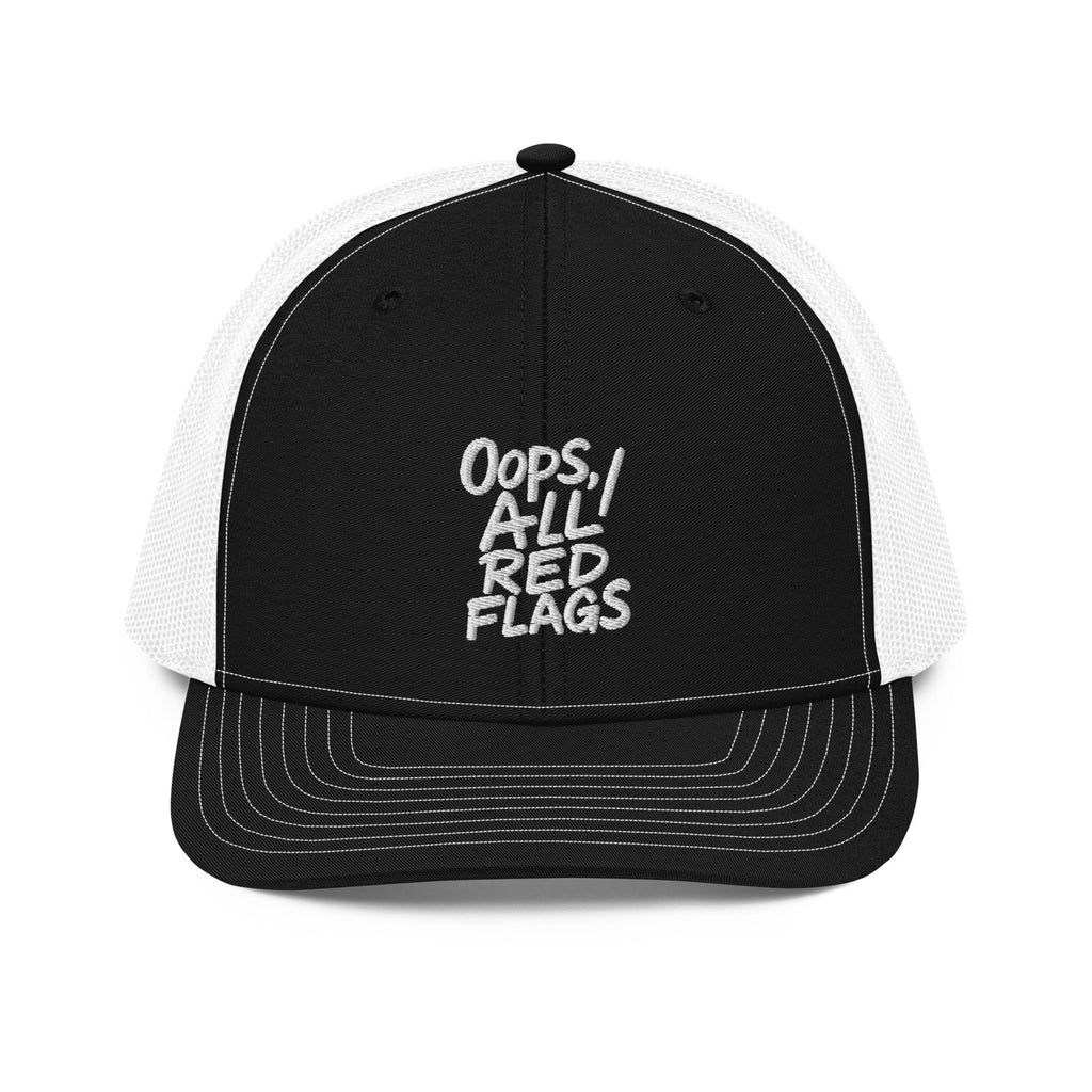 Oops, All Red Flags - Sarcastic Hat in Cap Black White - Front View | Sarcastic Hat | PureSarcasm