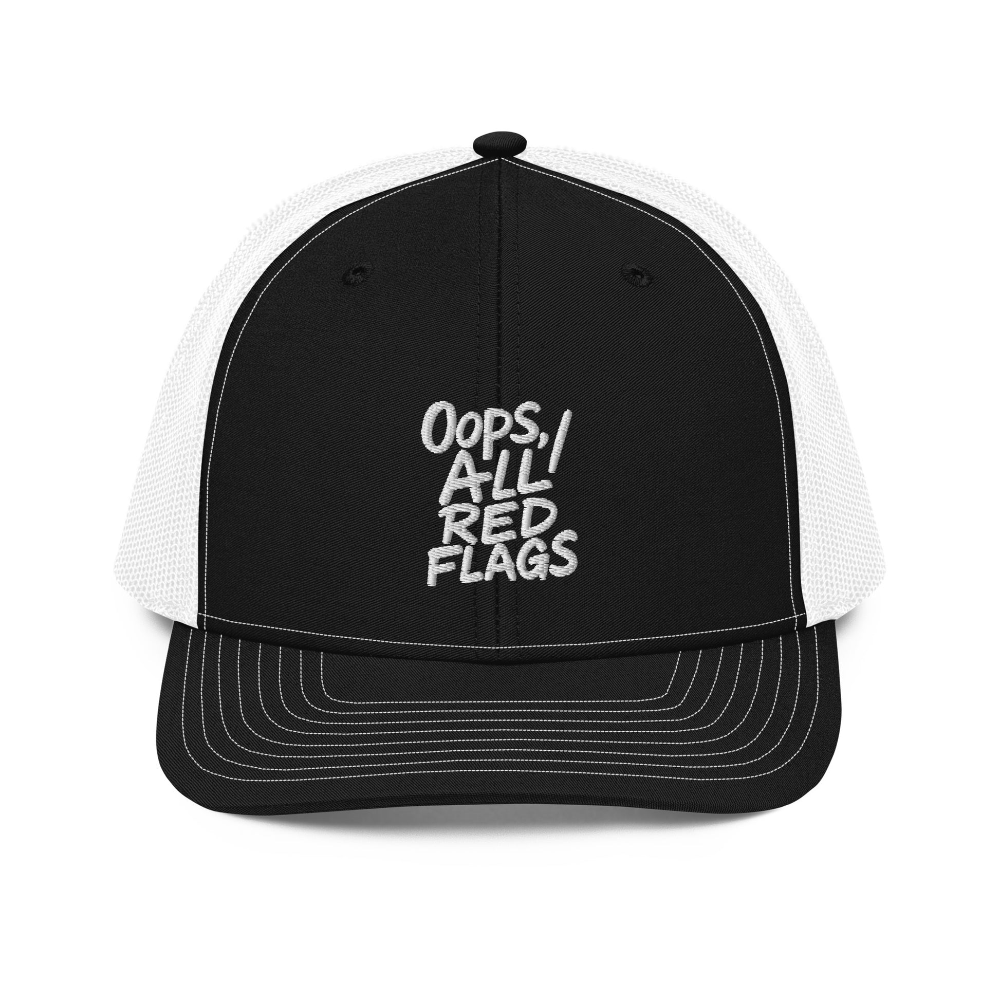 Oops, All Red Flags - Sarcastic Hat in Cap Black White - Front View | Sarcastic Hat | PureSarcasm