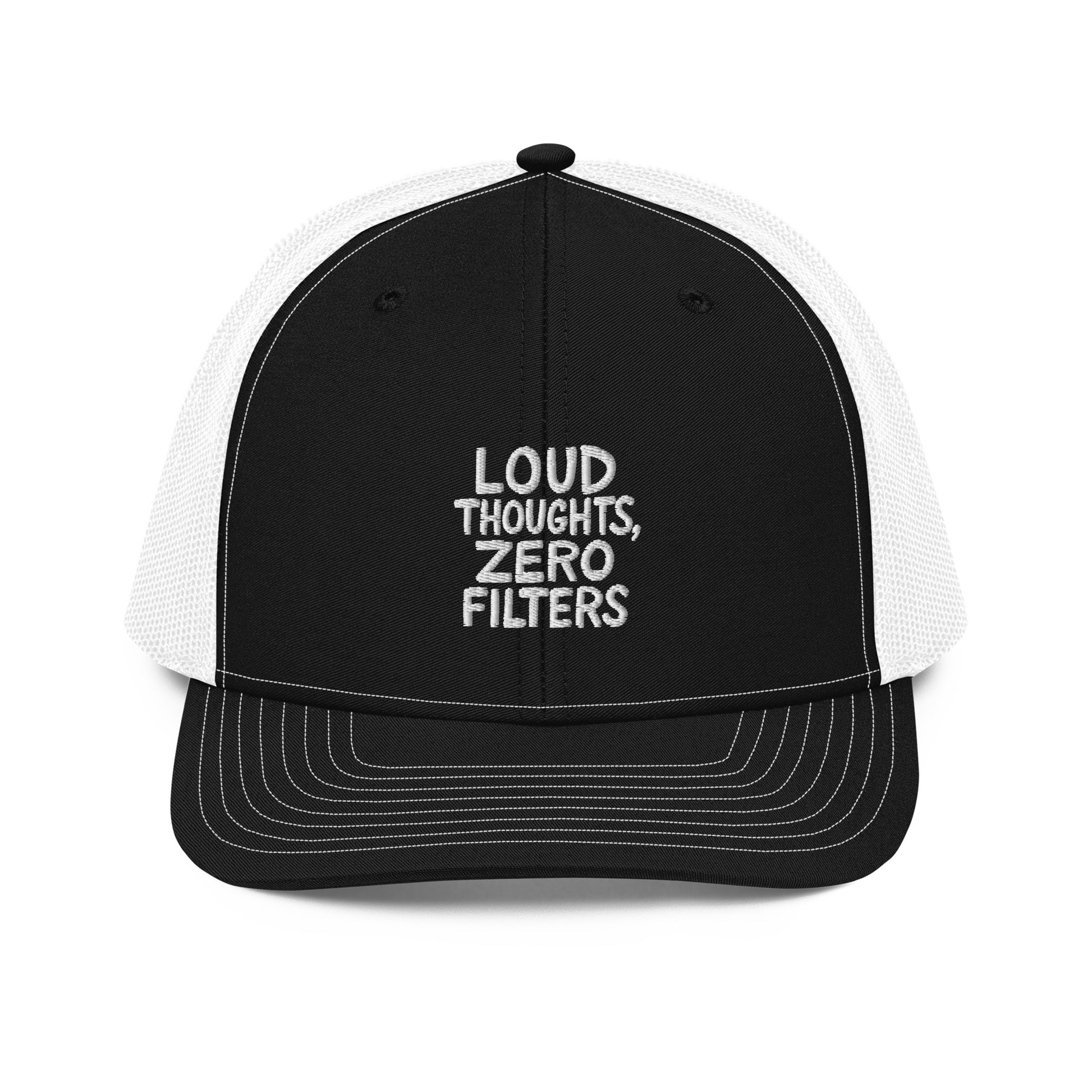 Loud Thoughts, Zero Filters - Sarcastic Hat in Cap Black White - Front View | Sarcastic Hats | PureSarcasm