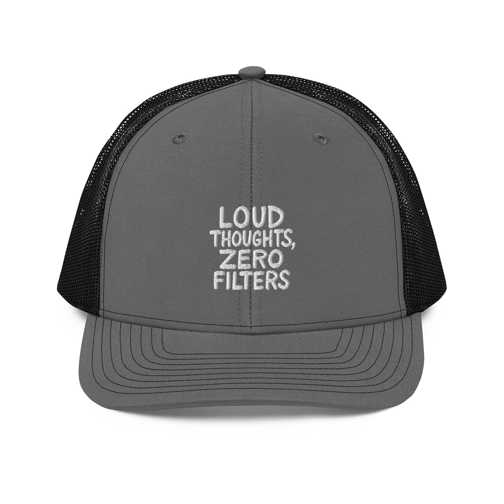 Loud Thoughts, Zero Filters - Sarcastic Hat in Cap Charcoal Black - Front View | Sarcastic Hats | PureSarcasm