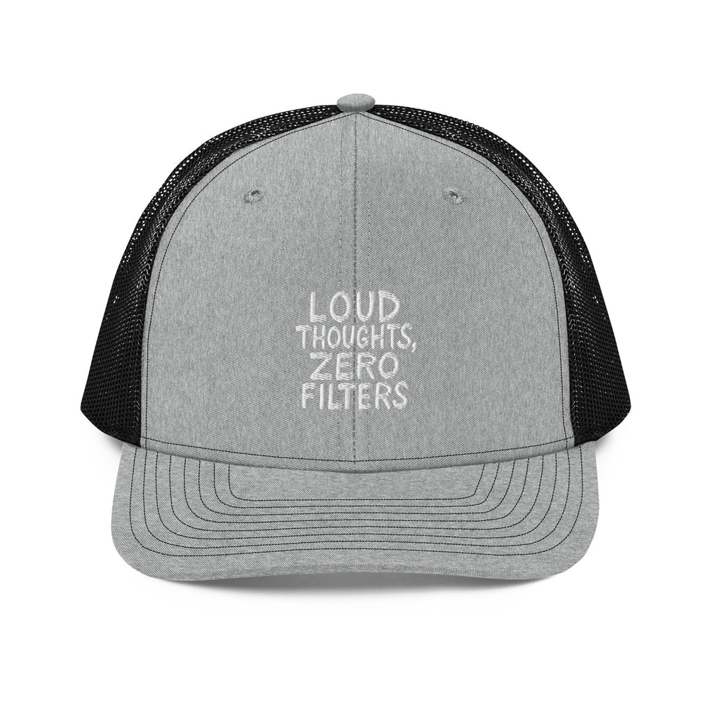Loud Thoughts, Zero Filters - Sarcastic Hat in Heather Grey Black - Front View | Sarcastic Hats | PureSarcasm