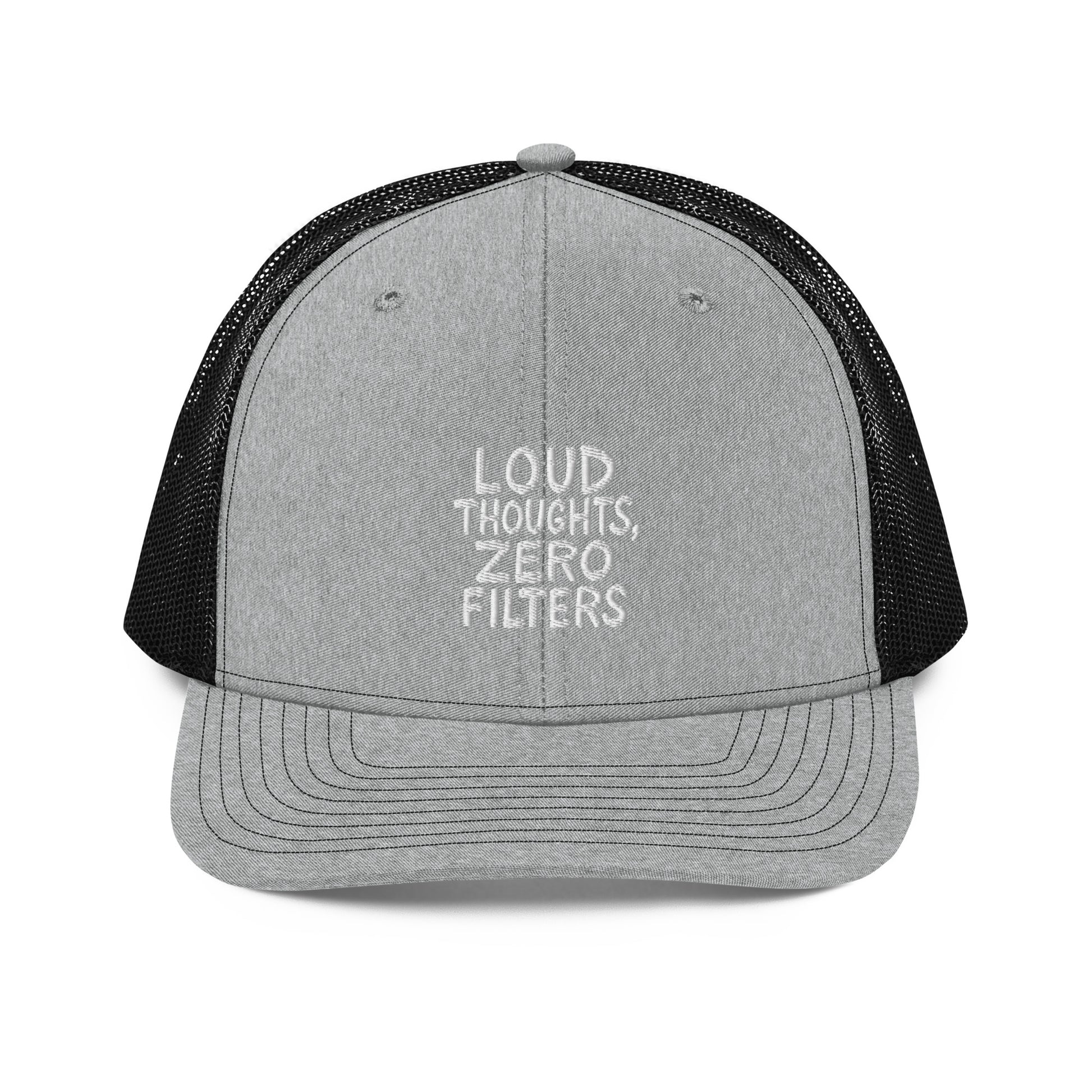 Loud Thoughts, Zero Filters - Sarcastic Hat in Heather Grey Black - Front View | Sarcastic Hats | PureSarcasm