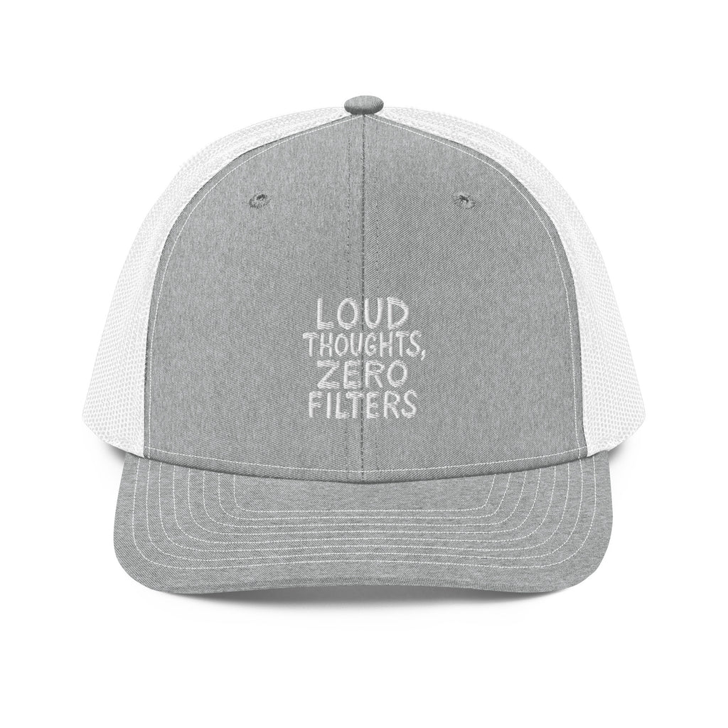 Loud Thoughts, Zero Filters - Sarcastic Hat in Heather Grey White - Front View | Sarcastic Hats | PureSarcasm