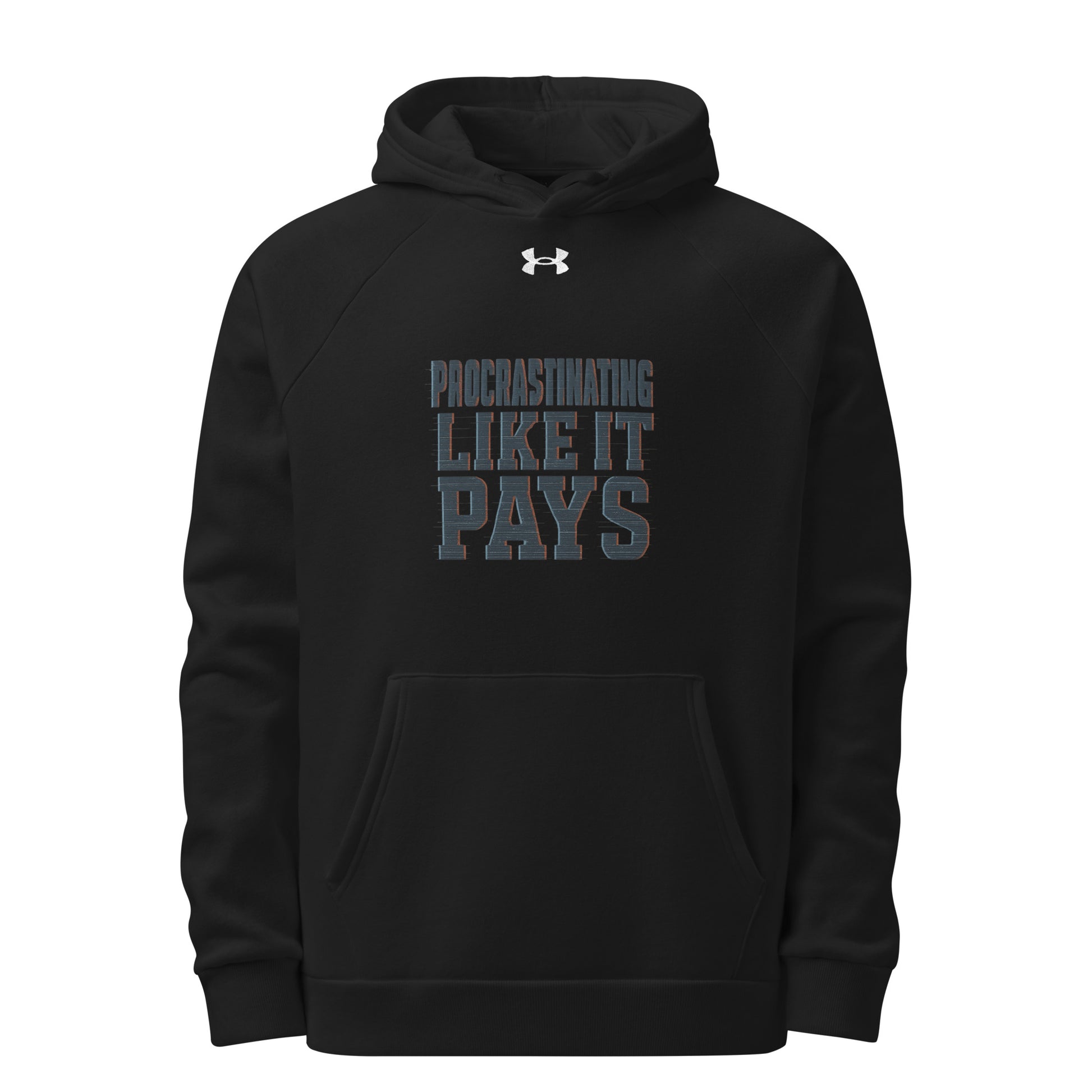 Procrastinating Like It Pays - Sarcastic Hoodie | PureSarcasm in Armour Hoodie Black - Front View | Sarcastic Hoodie | PureSarcasm