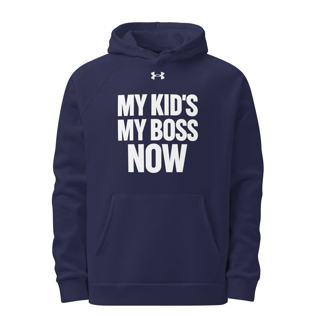 My Kid’s My Boss Now sarcastic hoodie - armour navy, front view