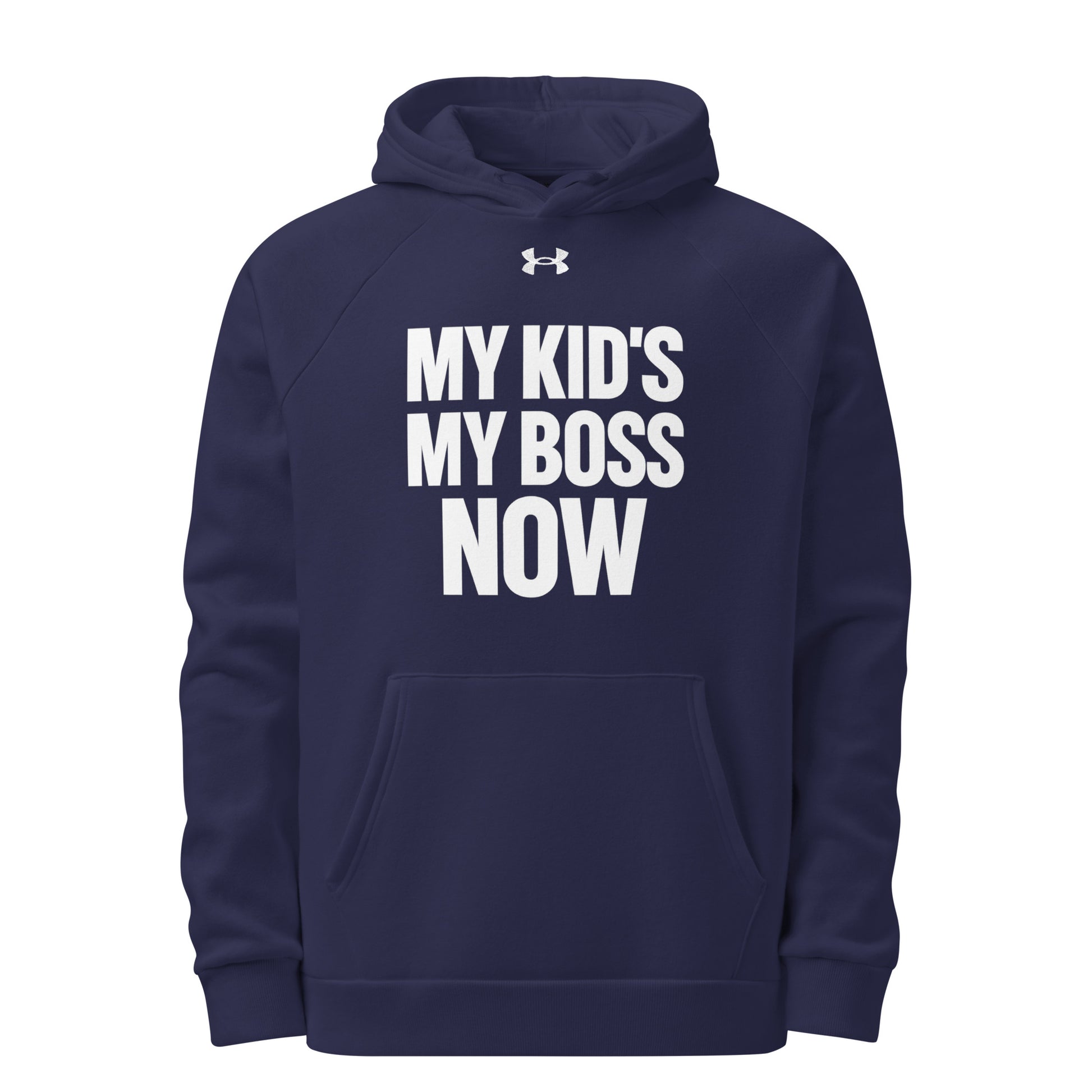 My Kid’s My Boss Now sarcastic hoodie - armour navy, front view