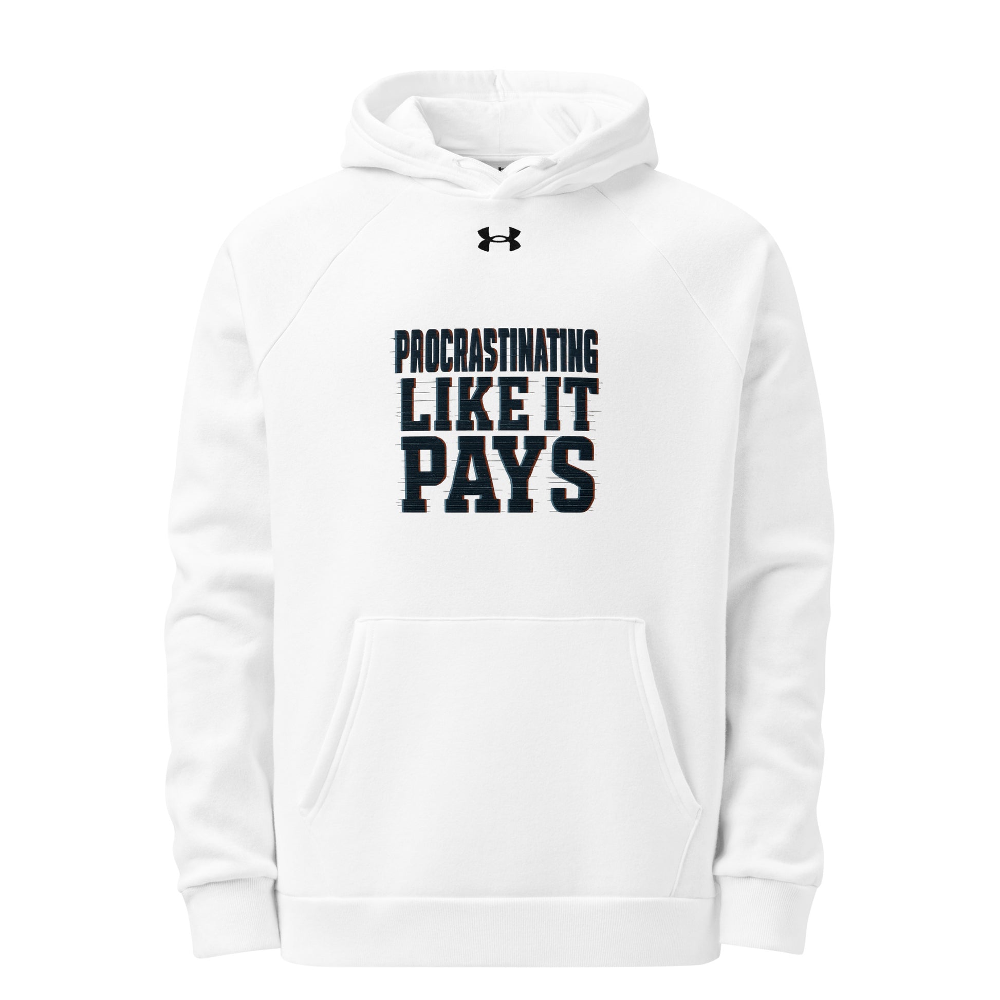 Procrastinating Like It Pays - Sarcastic Hoodie | PureSarcasm in Armour Hoodie White - Front View | Sarcastic Hoodie | PureSarcasm