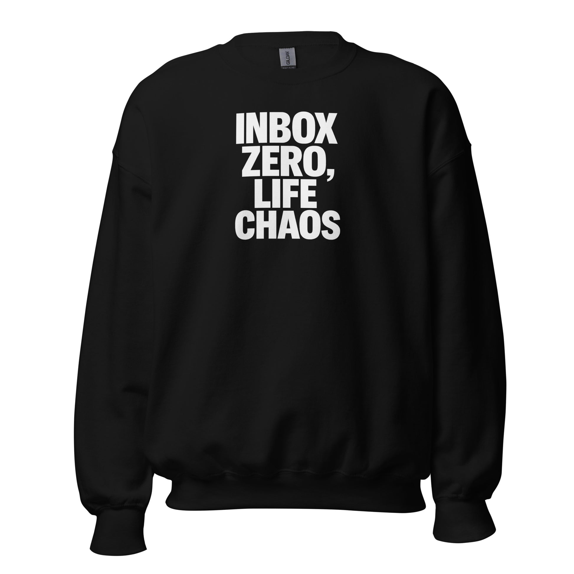 Inbox Zero, Life Chaos sarcastic sweatshirt - neck black, front view