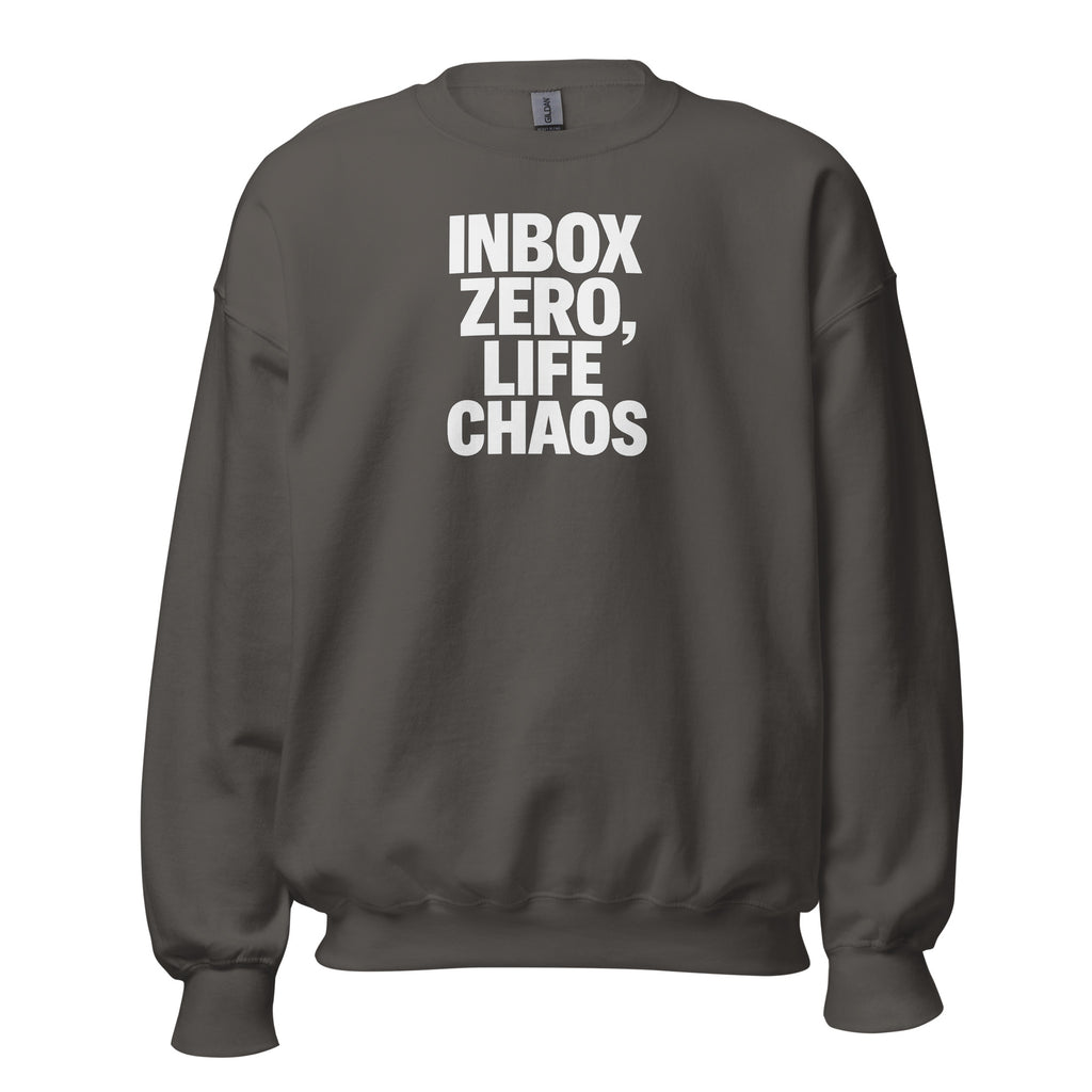 Inbox Zero, Life Chaos sarcastic sweatshirt - neck charcoal, front view