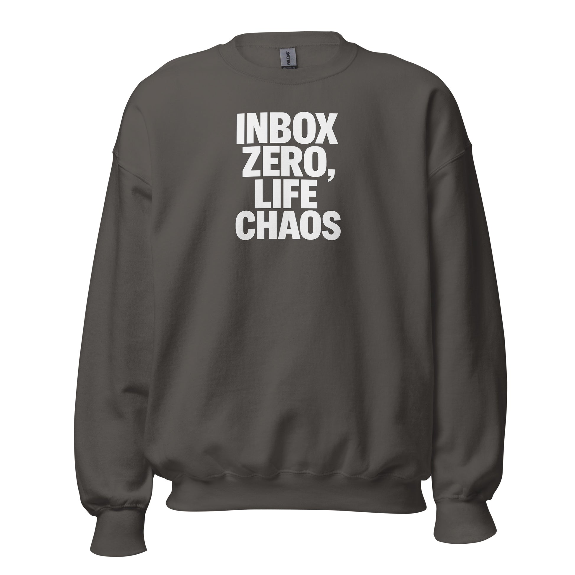 Inbox Zero, Life Chaos sarcastic sweatshirt - neck charcoal, front view