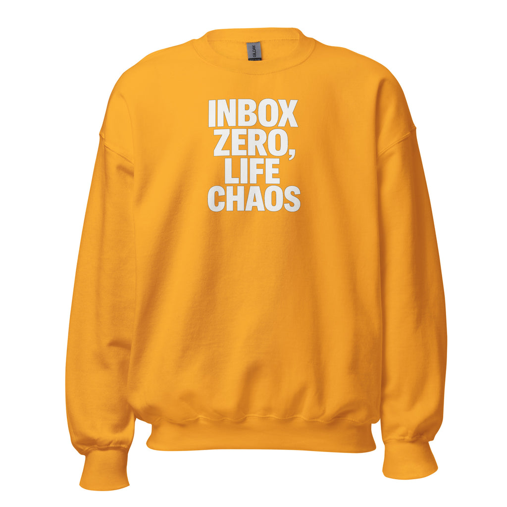 Inbox Zero, Life Chaos sarcastic sweatshirt - neck gold, front view