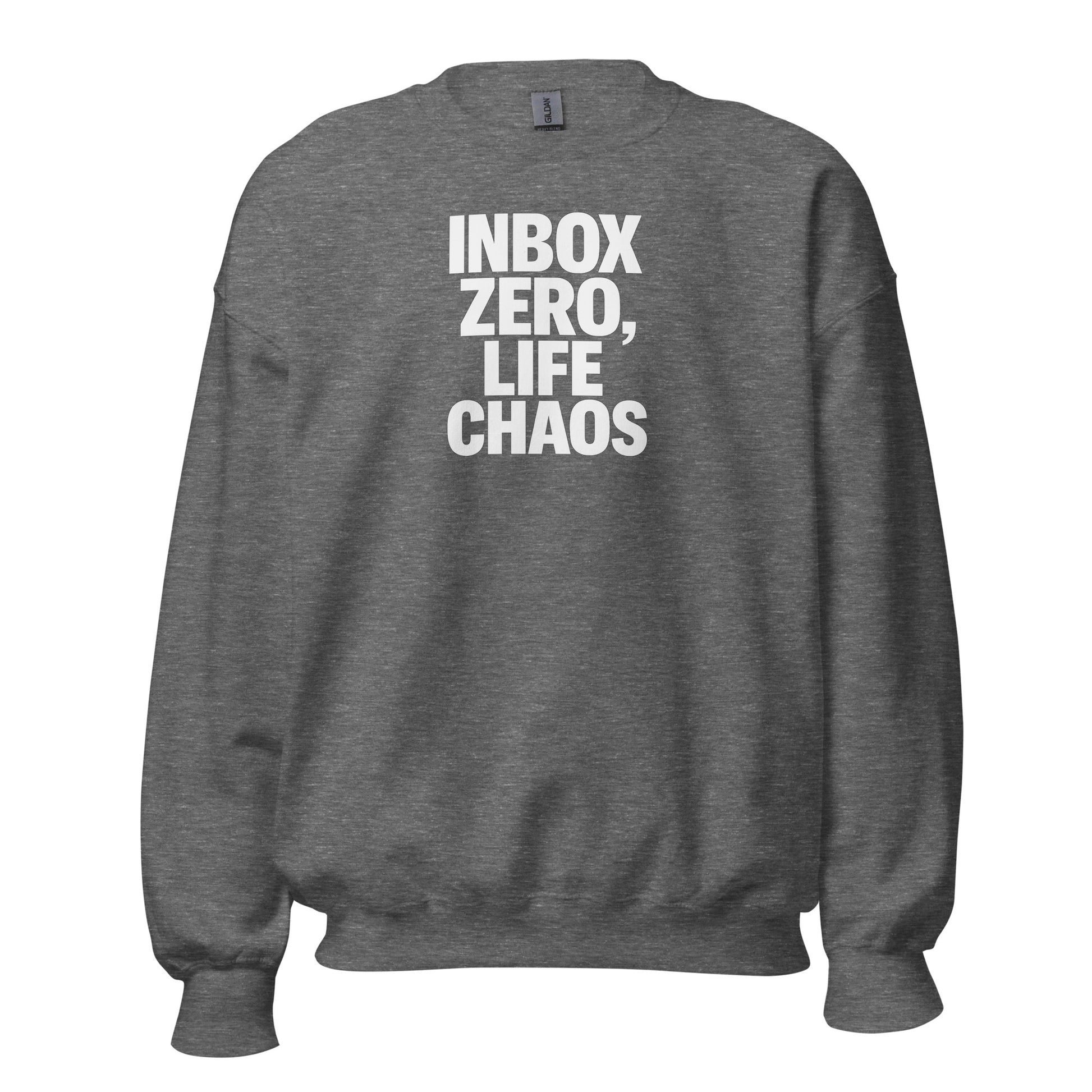 Inbox Zero, Life Chaos sarcastic sweatshirt - graphite heather, front view