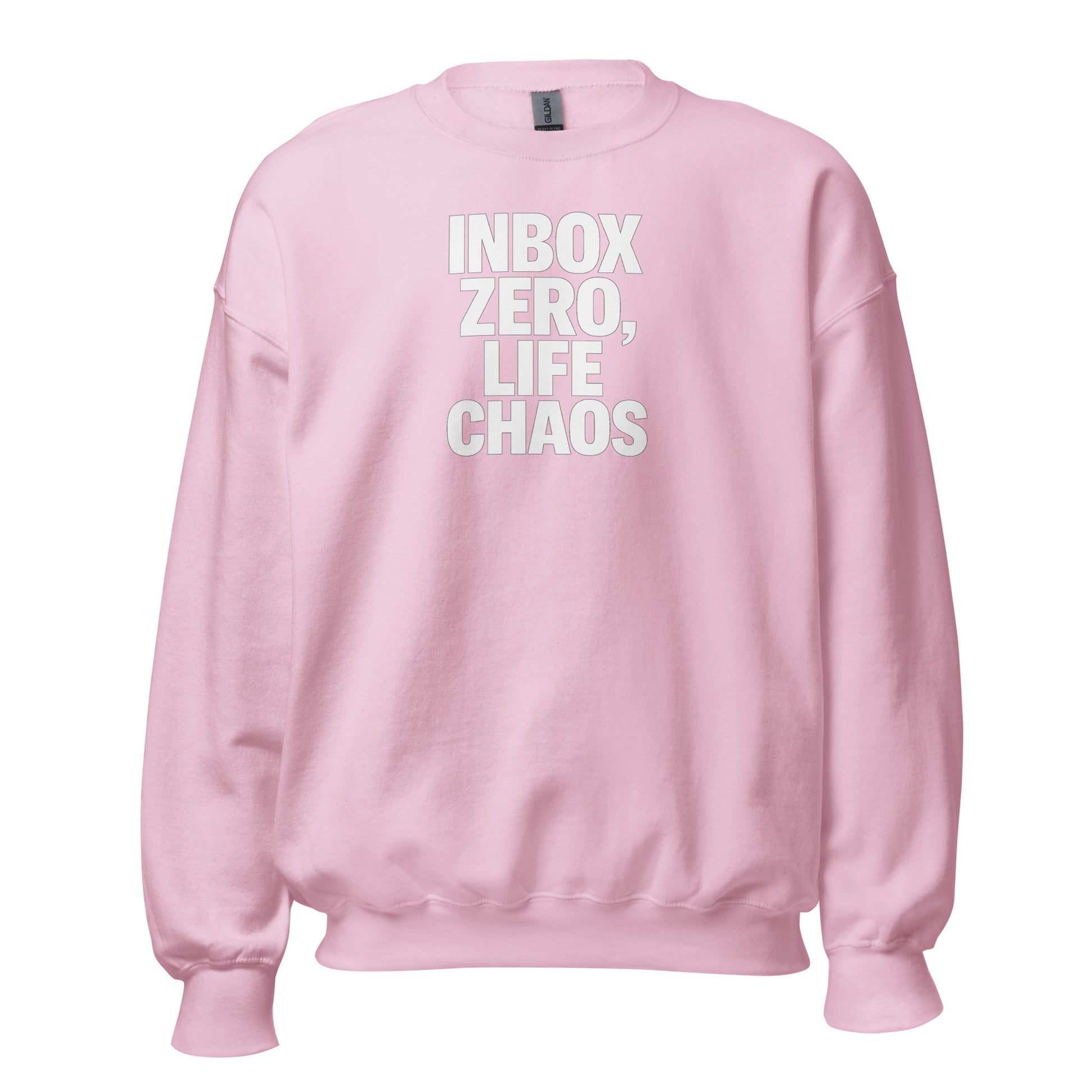 Inbox Zero, Life Chaos sarcastic sweatshirt - light pink, front view