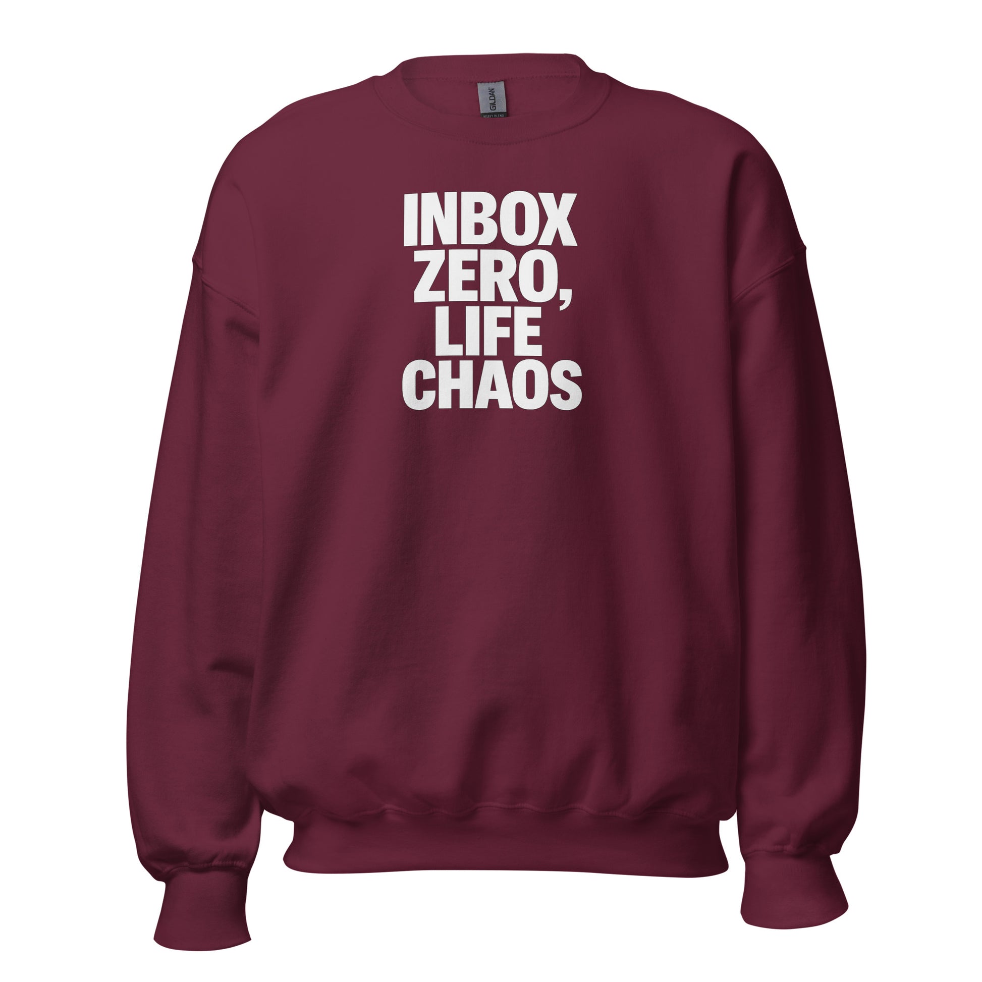 Inbox Zero, Life Chaos sarcastic sweatshirt - neck maroon, front view