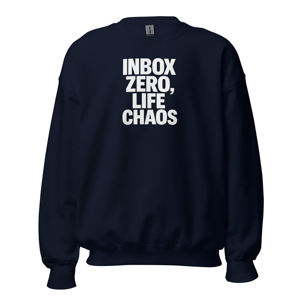 Inbox Zero, Life Chaos sarcastic sweatshirt - neck navy, front view