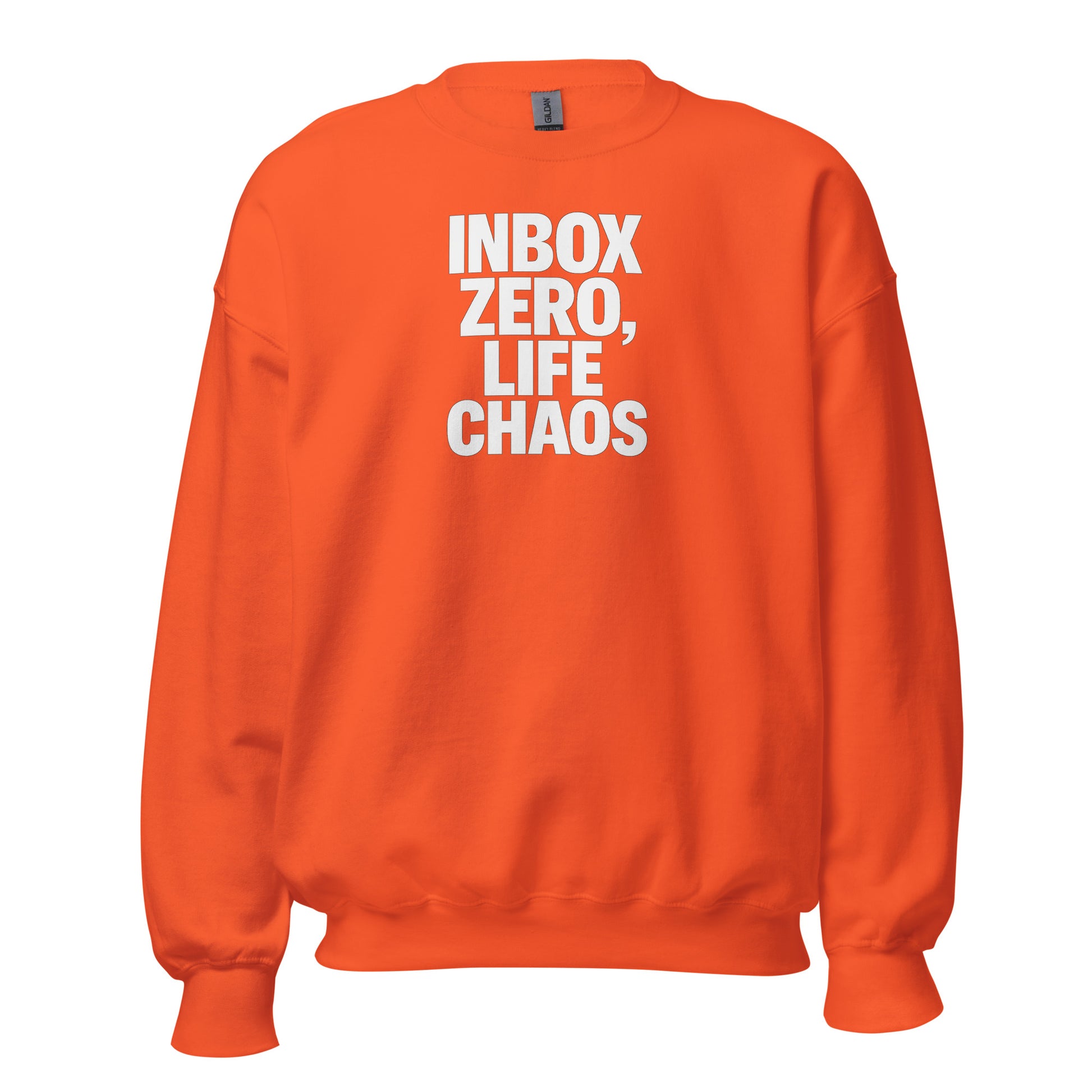 Inbox Zero, Life Chaos sarcastic sweatshirt - neck orange, front view