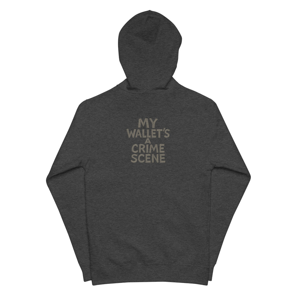 My Wallet's a Crime Scene - Sarcastic Hoodie | PureSarcasm in Hoodie Charcoal Heather - Back View | Sarcastic Sweatshirt | PureSarcasm