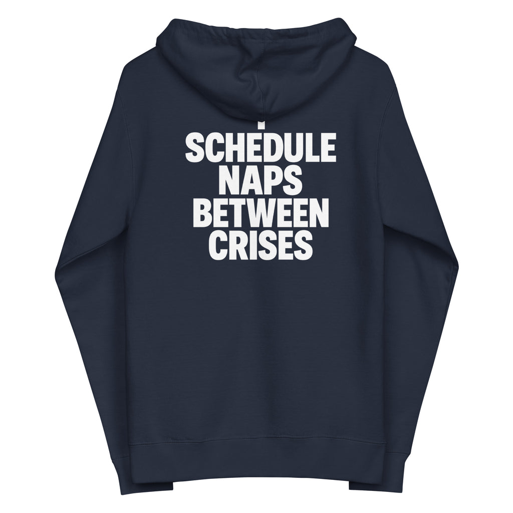I Schedule Naps Between Crises sarcastic hoodie - classic navy, back view
