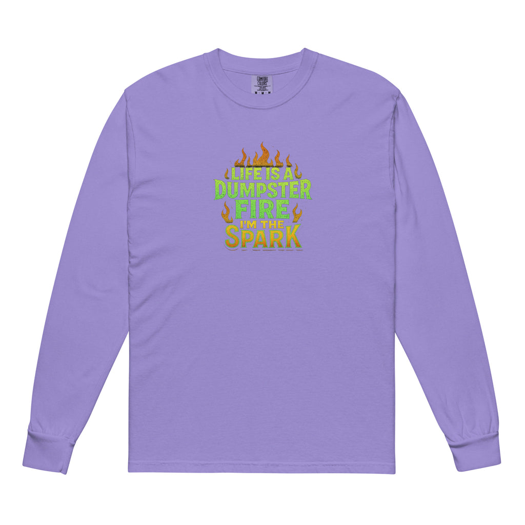 Life Is A Dumpster Fire, I’m The Spark - Sarcastic T-Shirts | PureSarcasm in Sleeve Shirt Violet - Front View | Sarcastic T-Shirts | PureSarcasm