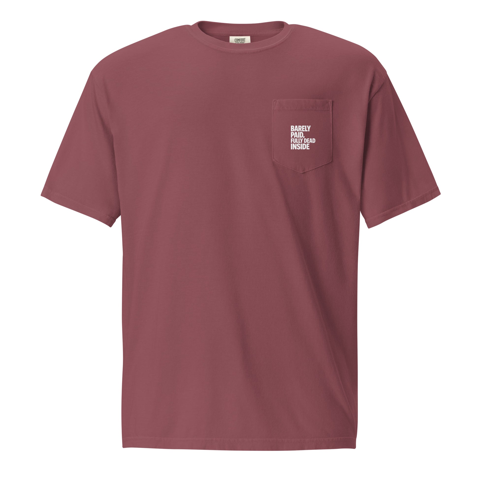 Barely Paid, Fully Dead Inside sarcastic t-shirt - t brick, front view