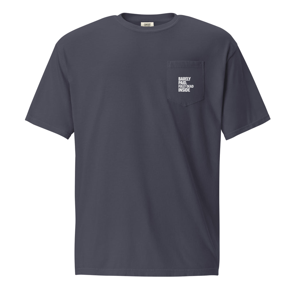 Barely Paid, Fully Dead Inside sarcastic t-shirt - true navy, front view