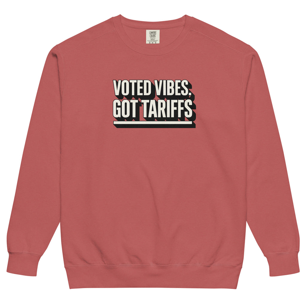 Voted vibes, got tariffs - Sarcastic Sweatshirt | PureSarcasm in Dyed Sweatshirt Crimson - Front View | Sarcastic Sweatshirt | PureSarcasm