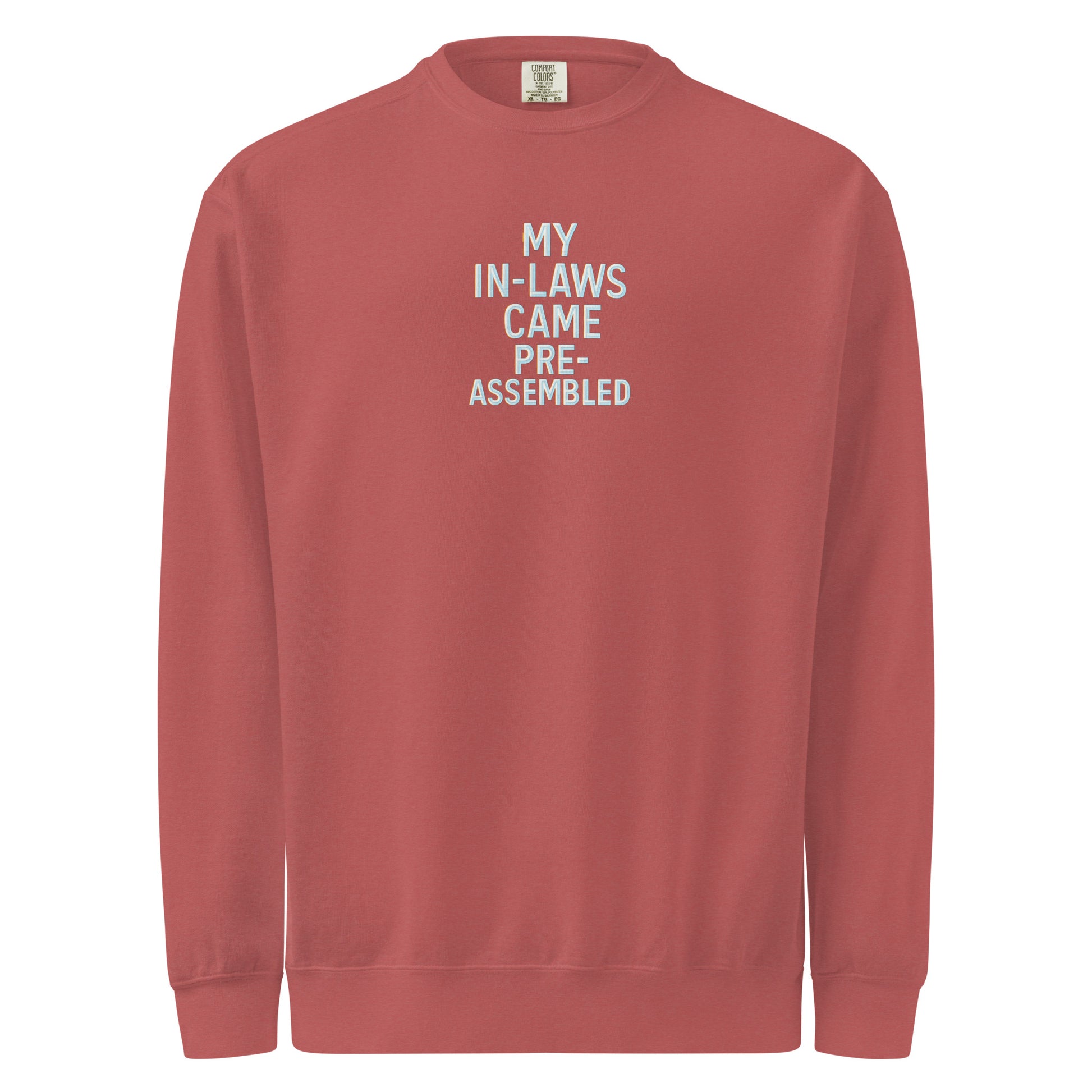 My In-Laws Came Pre-Assembled - Sarcastic Sweatshirt | PureSarcasm in Dyed Sweatshirt Crimson - Front View | Sarcastic Sweatshirt | PureSarcasm