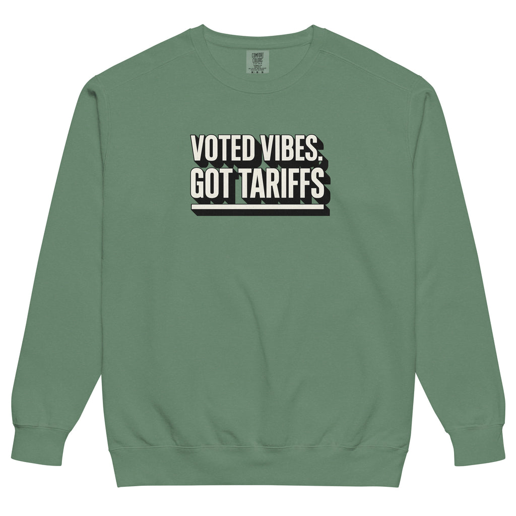 Voted vibes, got tariffs - Sarcastic Sweatshirt | PureSarcasm in Sweatshirt Light Green - Front View | Sarcastic Sweatshirt | PureSarcasm