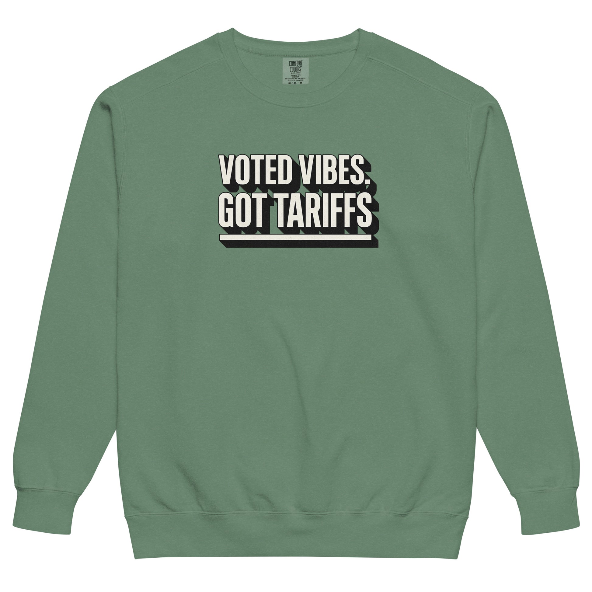 Voted vibes, got tariffs - Sarcastic Sweatshirt | PureSarcasm in Sweatshirt Light Green - Front View | Sarcastic Sweatshirt | PureSarcasm