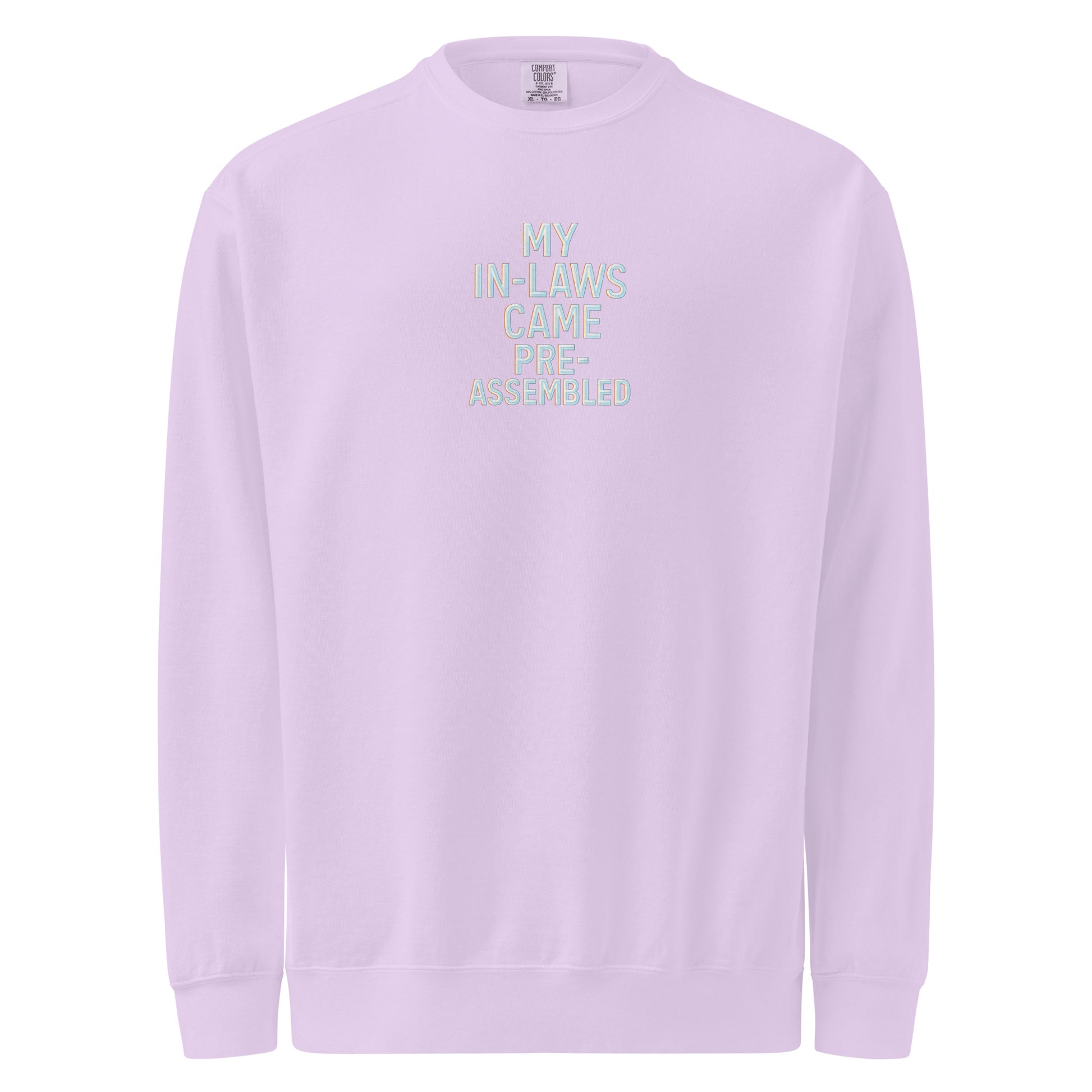 My In-Laws Came Pre-Assembled - Sarcastic Sweatshirt | PureSarcasm in Dyed Sweatshirt Orchid - Front View | Sarcastic Sweatshirt | PureSarcasm