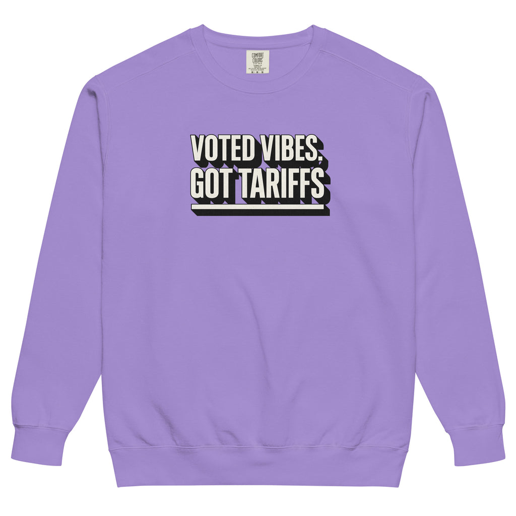 Voted vibes, got tariffs - Sarcastic Sweatshirt | PureSarcasm in Dyed Sweatshirt Violet - Front View | Sarcastic Sweatshirt | PureSarcasm