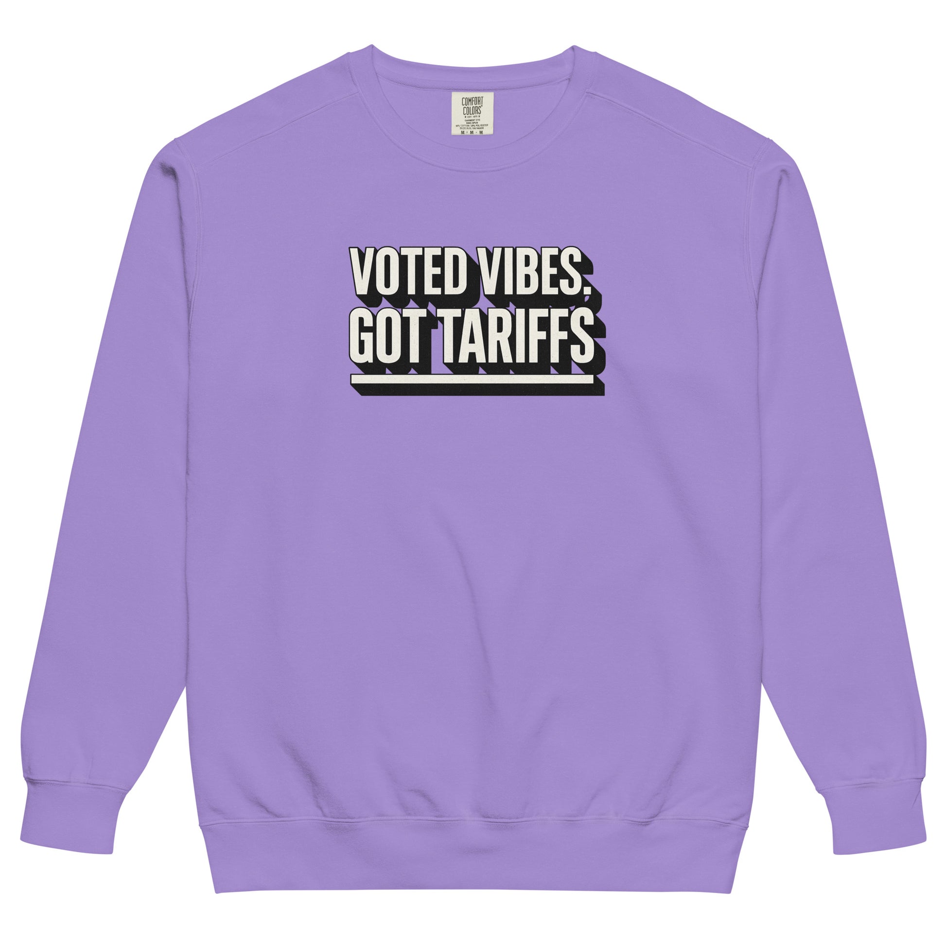 Voted vibes, got tariffs - Sarcastic Sweatshirt | PureSarcasm in Dyed Sweatshirt Violet - Front View | Sarcastic Sweatshirt | PureSarcasm