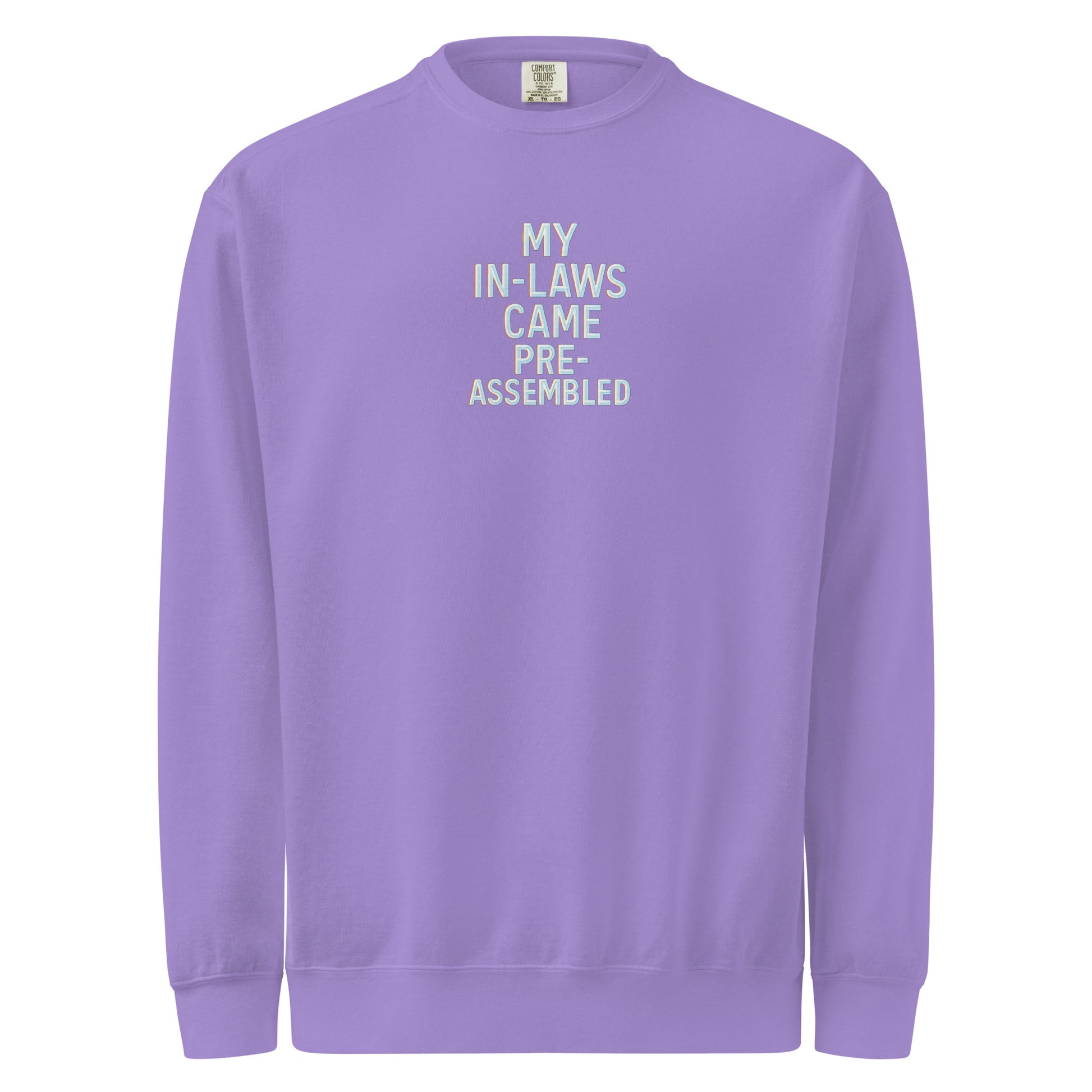 My In-Laws Came Pre-Assembled - Sarcastic Sweatshirt | PureSarcasm in Dyed Sweatshirt Violet - Front View | Sarcastic Sweatshirt | PureSarcasm