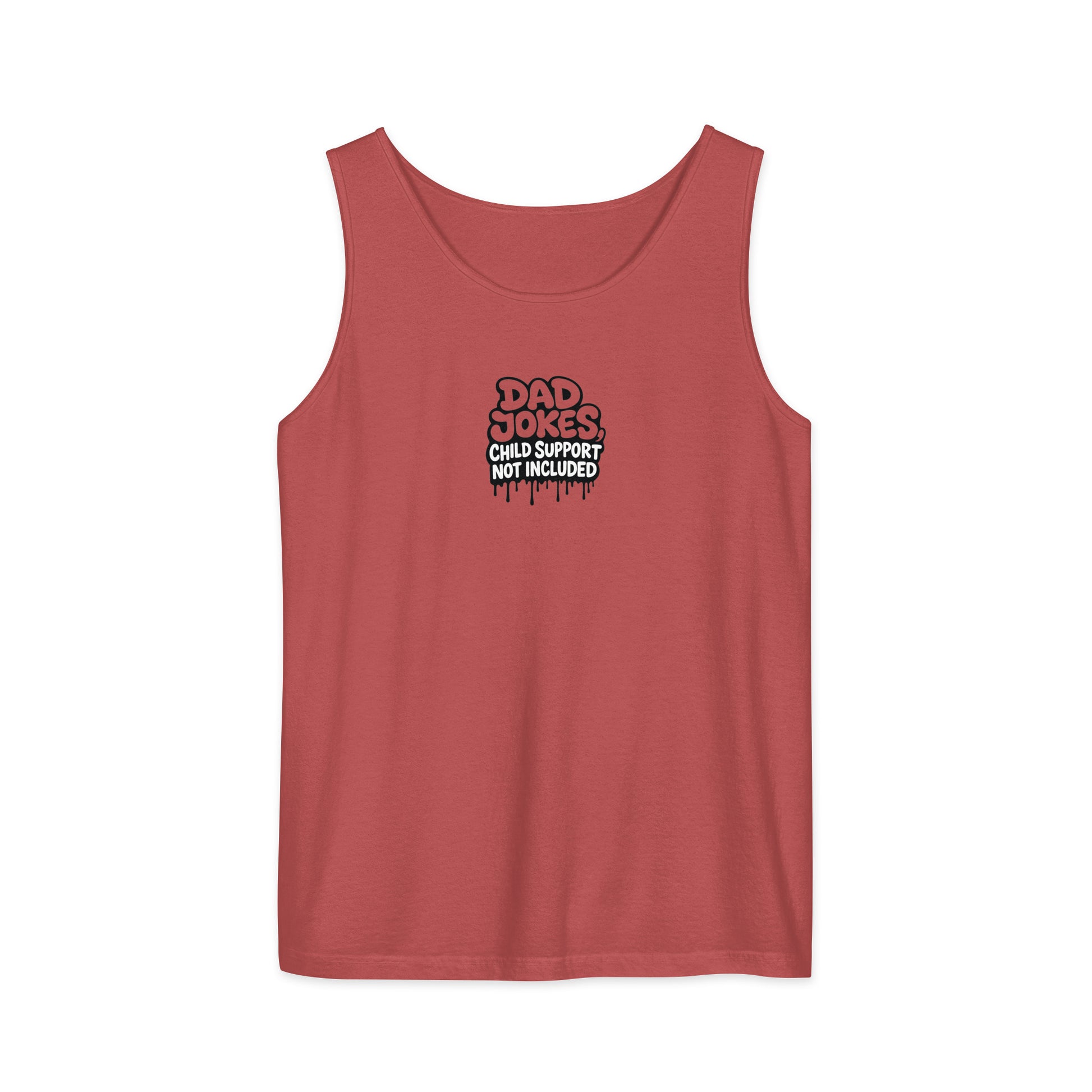 Dad Jokes, Child Support Not Included - Sarcastic Tank Top | PureSarcasm in Garment Dyed Tank - Front View | Sarcastic Tank top | PureSarcasm
