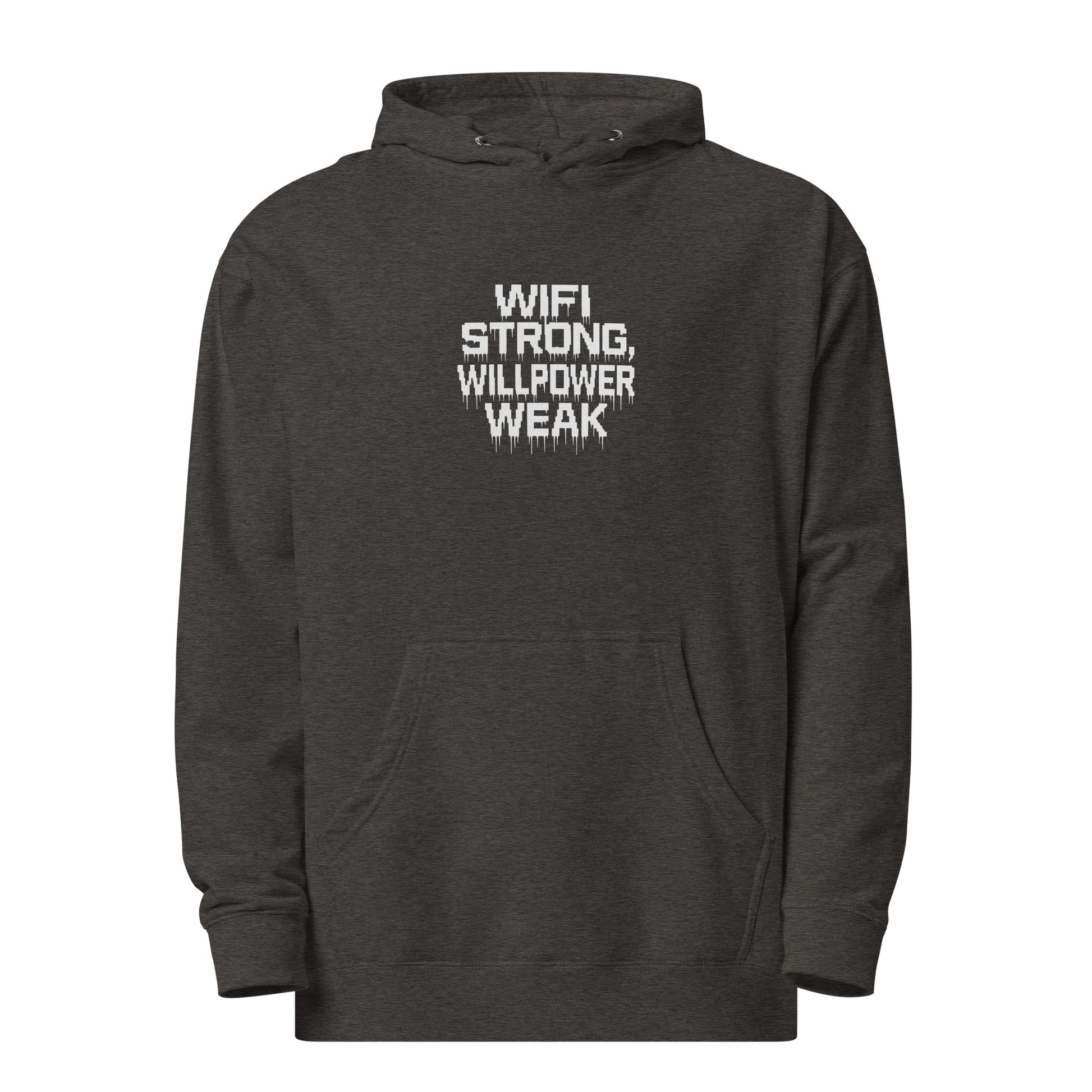 WiFi Strong, Willpower Weak - Sarcastic Hoodie | PureSarcasm in Hoodie Charcoal Heather - Front View | Sarcastic Hoodie | PureSarcasm