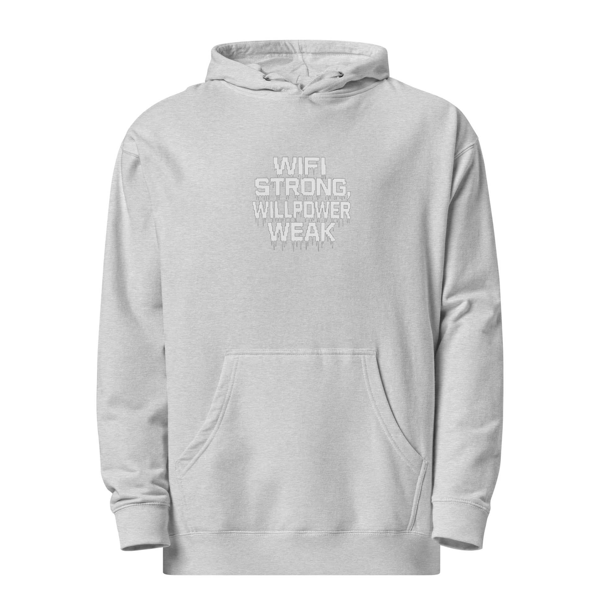 WiFi Strong, Willpower Weak - Sarcastic Hoodie | PureSarcasm in Hoodie Grey Heather - Front View | Sarcastic Hoodie | PureSarcasm