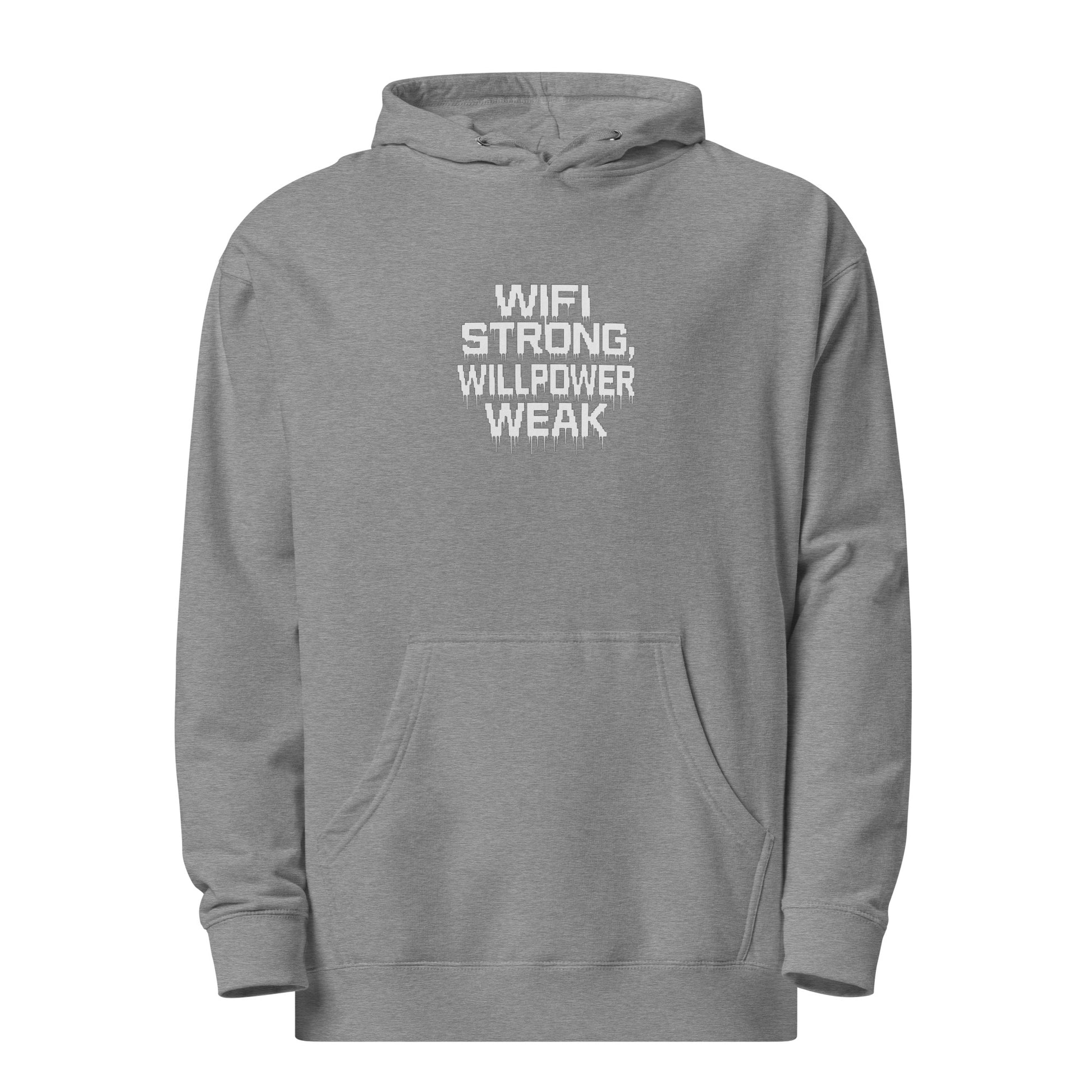 WiFi Strong, Willpower Weak - Sarcastic Hoodie | PureSarcasm in Hoodie Gunmetal Heather - Front View | Sarcastic Hoodie | PureSarcasm
