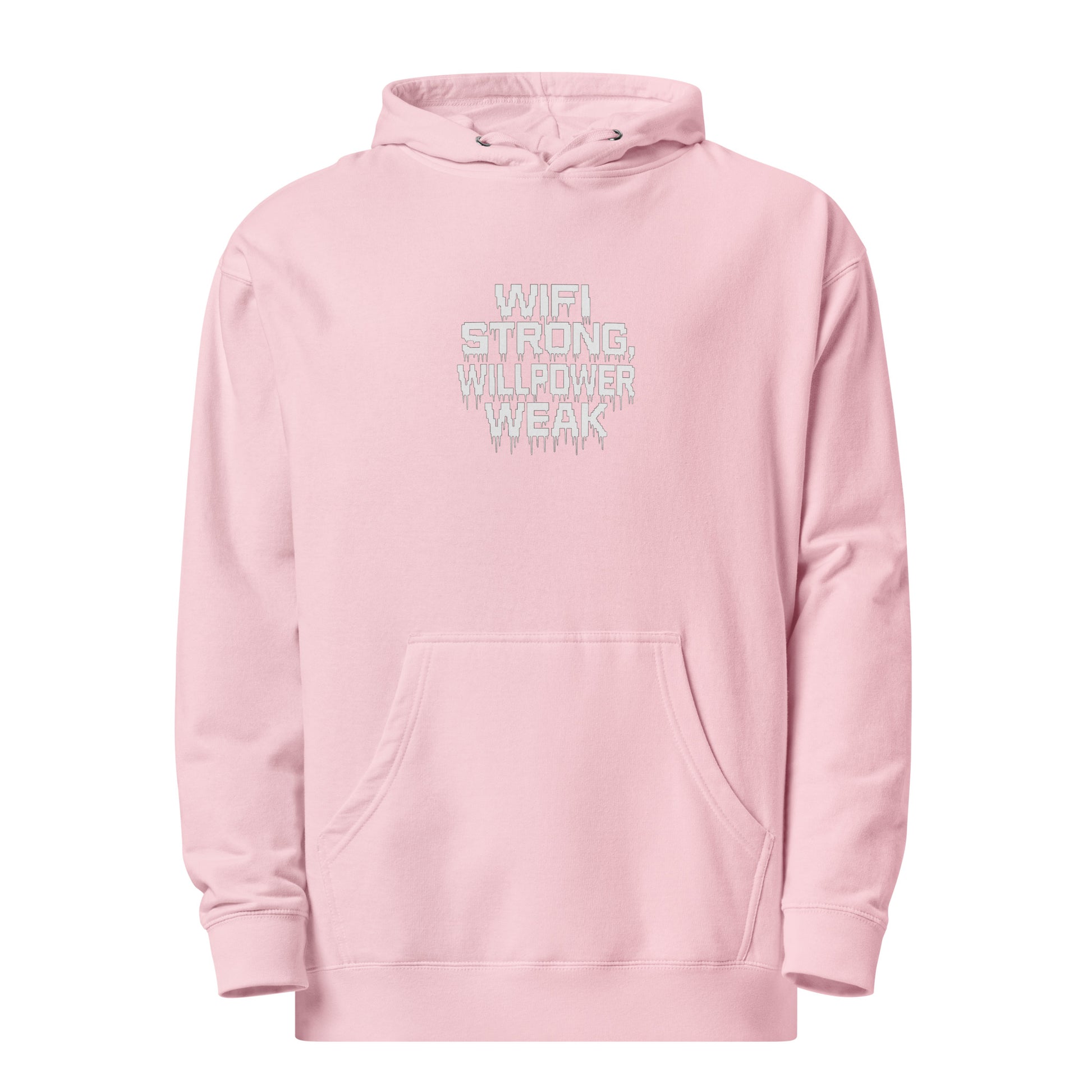 WiFi Strong, Willpower Weak - Sarcastic Hoodie | PureSarcasm in Hoodie Light Pink - Front View | Sarcastic Hoodie | PureSarcasm