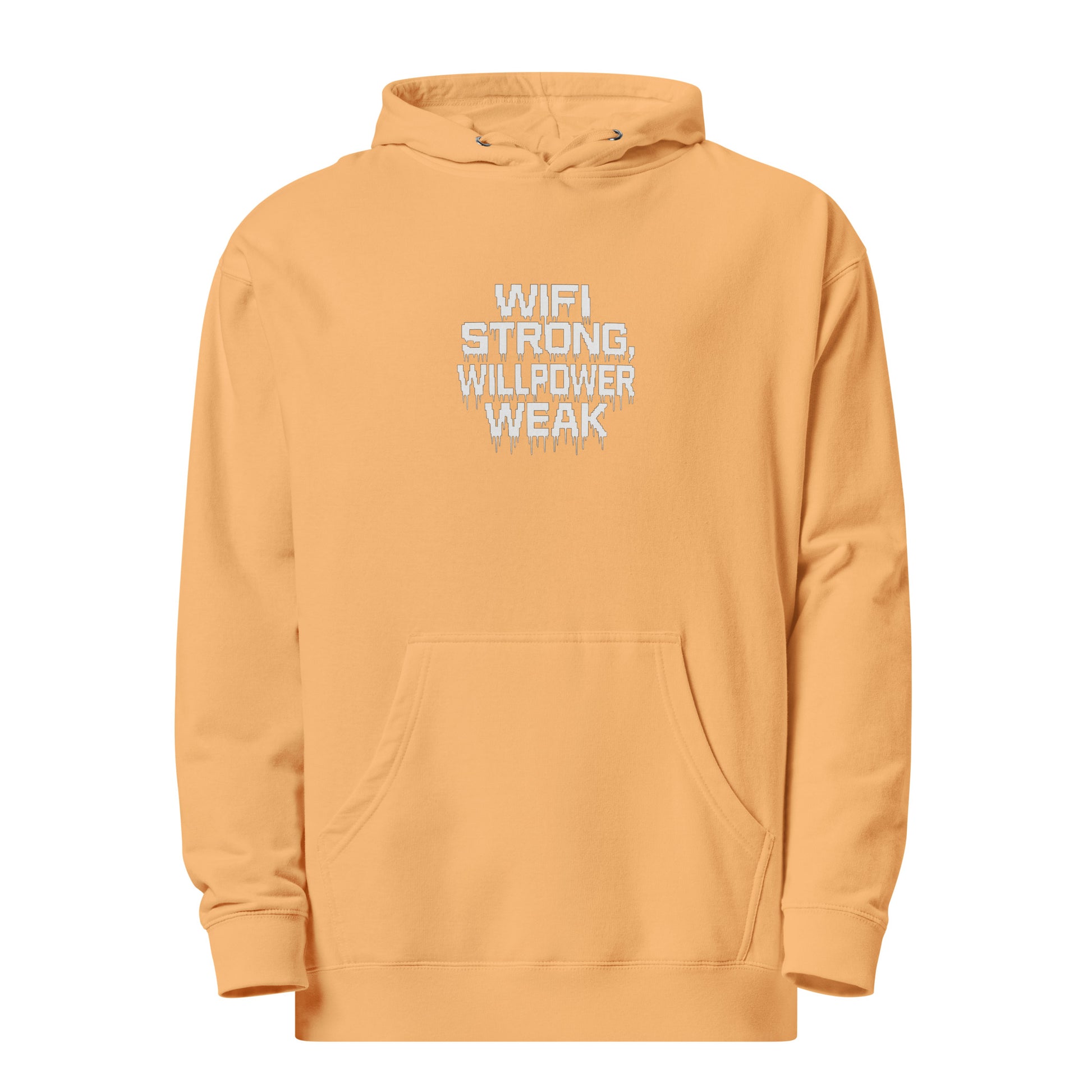 WiFi Strong, Willpower Weak - Sarcastic Hoodie | PureSarcasm in Midweight Hoodie Peach - Front View | Sarcastic Hoodie | PureSarcasm