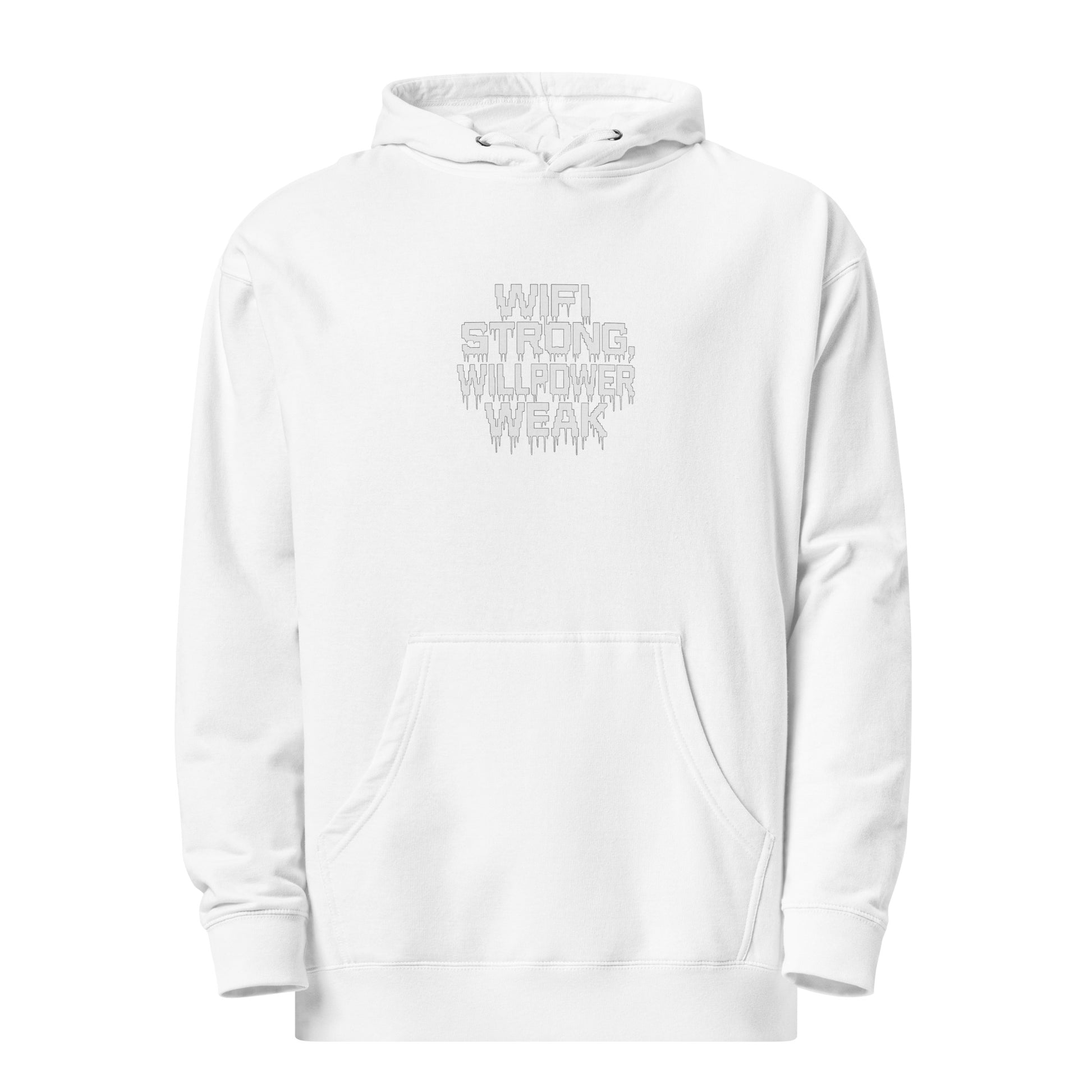 WiFi Strong, Willpower Weak - Sarcastic Hoodie | PureSarcasm in Midweight Hoodie White - Front View | Sarcastic Hoodie | PureSarcasm