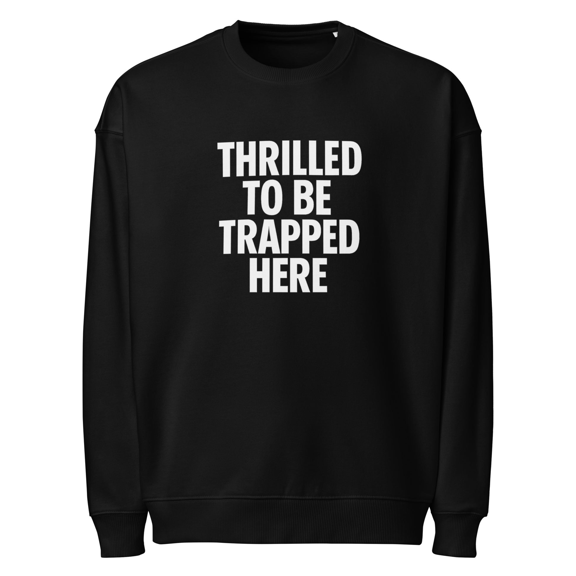 Thrilled to Be Trapped Here sarcastic sweatshirt - oversized black, front view