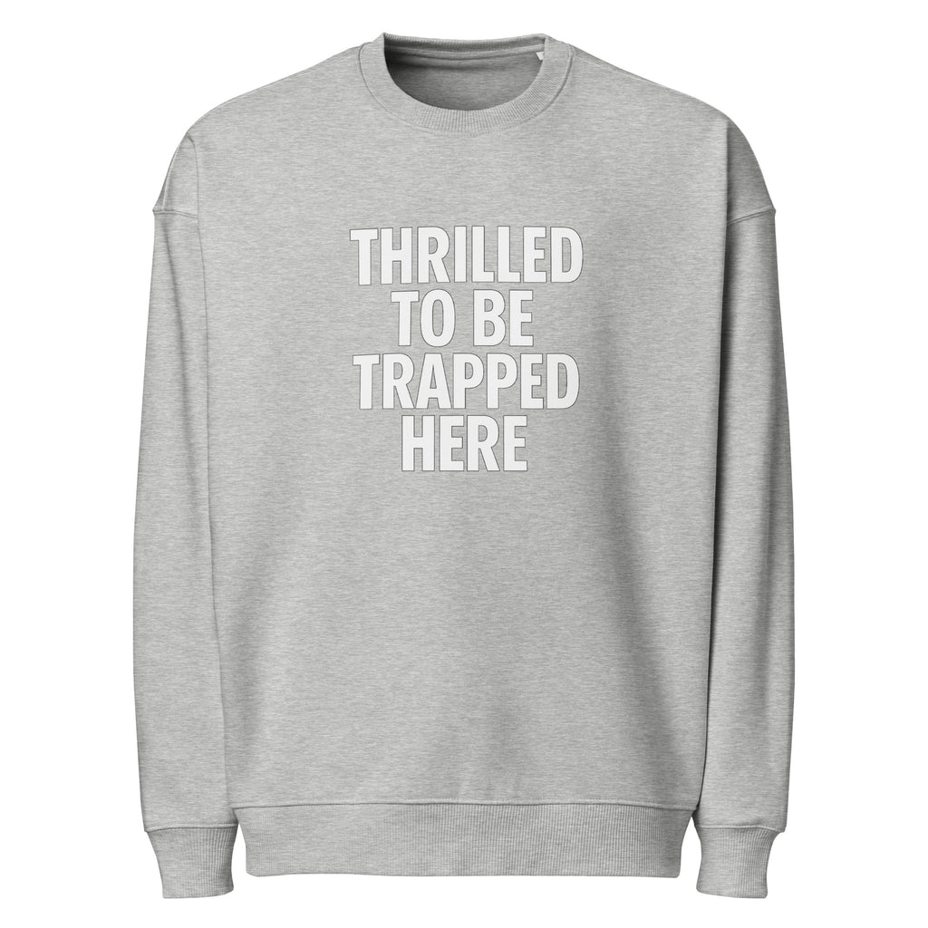 Thrilled to Be Trapped Here sarcastic sweatshirt - heather grey, front view