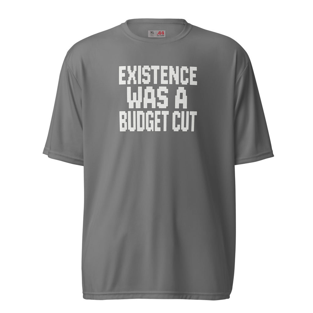 Existence Was a Budget Cut - Sarcastic T-Shirt | PureSarcasm in T Shirt Graphite - Front View | Sarcastic Tumbler | PureSarcasm