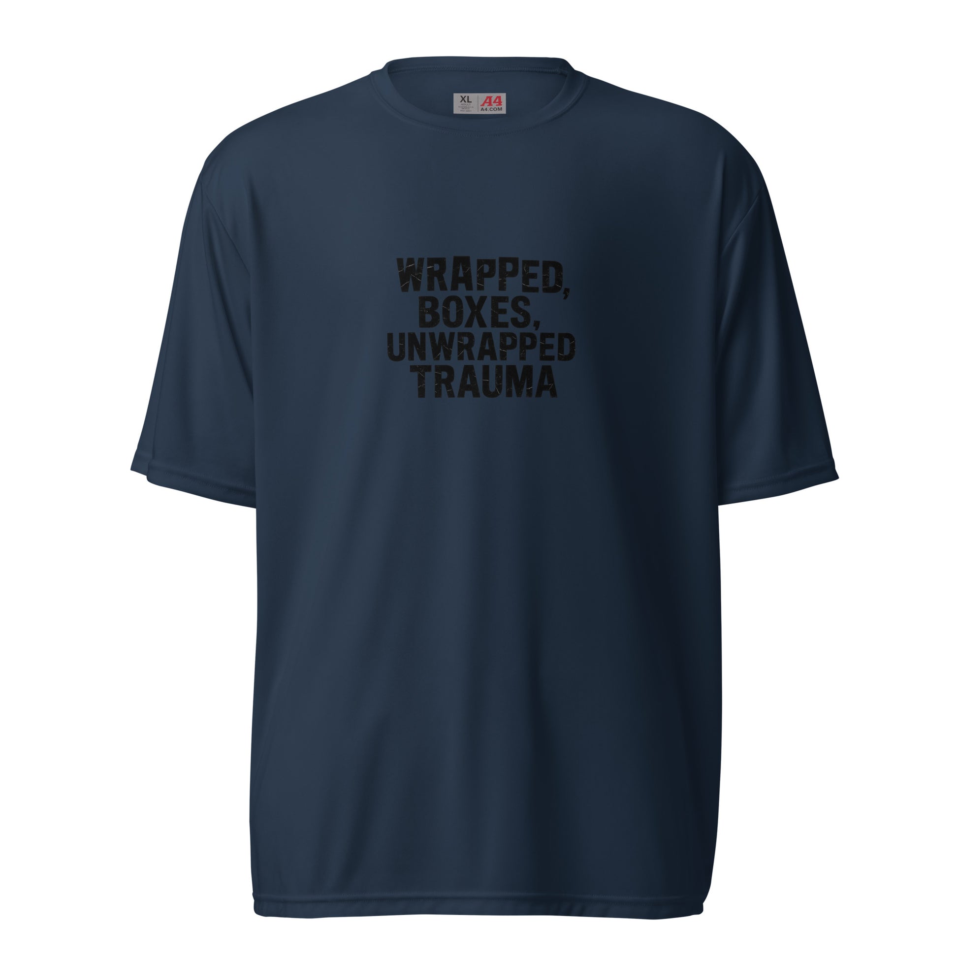 Wrapped Boxes, Unwrapped Trauma - Sarcastic T-Shirt | PureSarcasm in T Shirt Navy - Front View | Sarcastic T-shirt | PureSarcasm