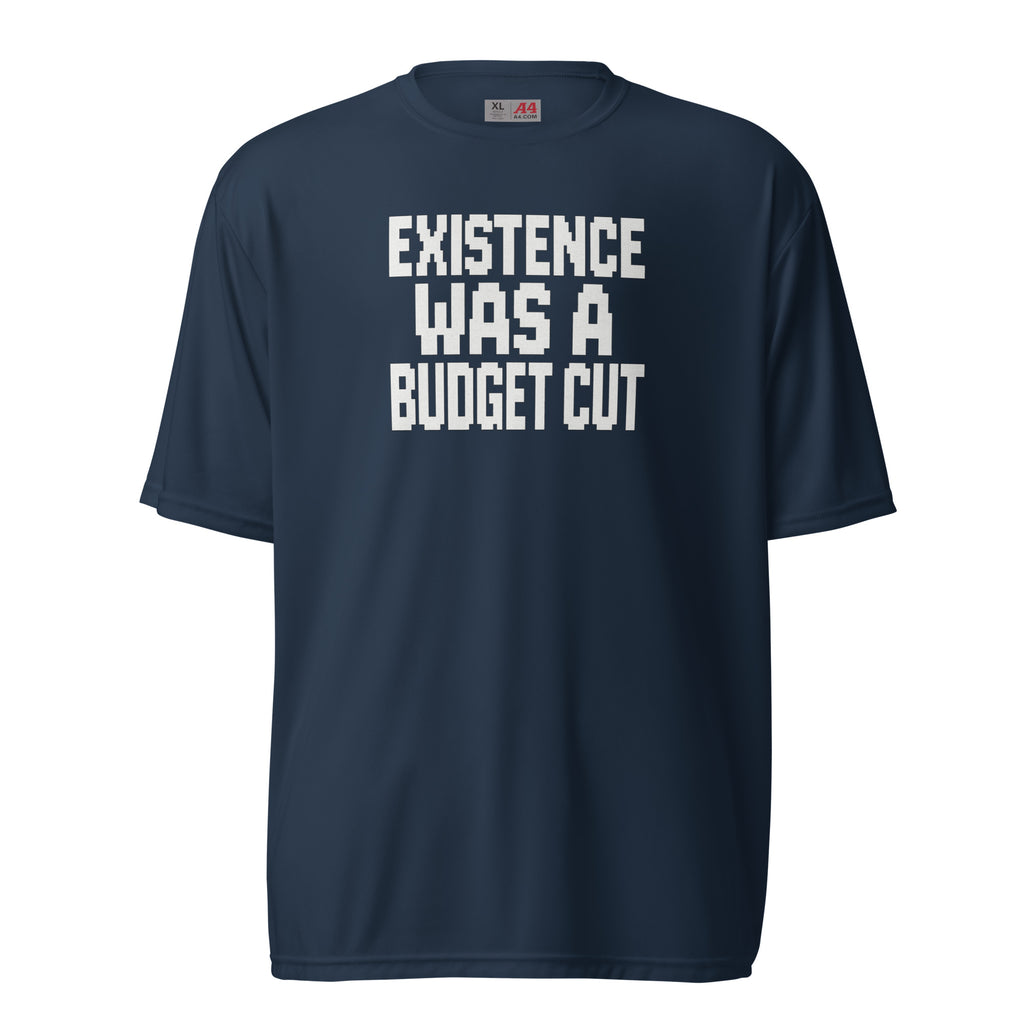 Existence Was a Budget Cut - Sarcastic T-Shirt | PureSarcasm in T Shirt Navy - Front View | Sarcastic Tumbler | PureSarcasm