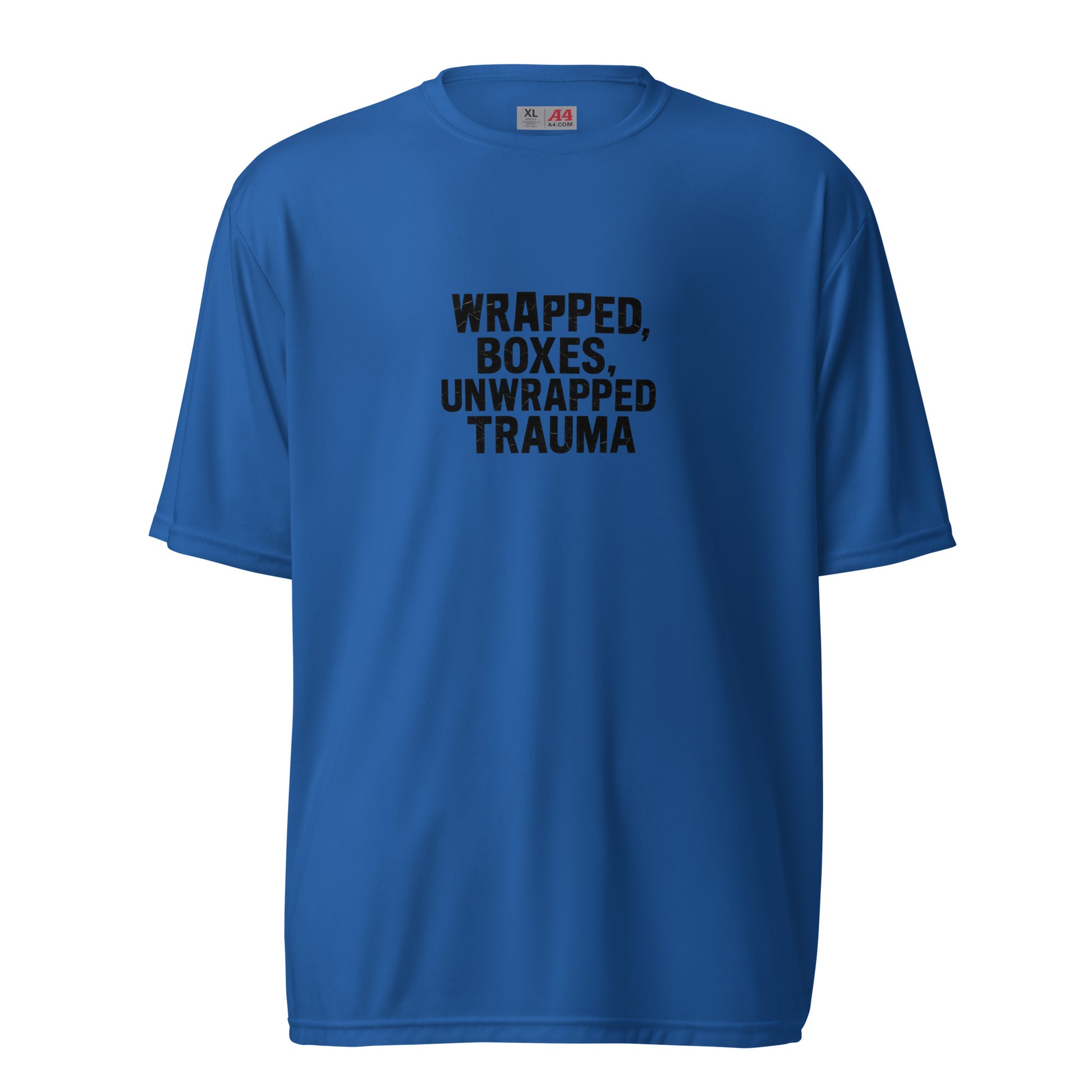 Wrapped Boxes, Unwrapped Trauma - Sarcastic T-Shirt | PureSarcasm in T Shirt Royal - Front View | Sarcastic T-shirt | PureSarcasm