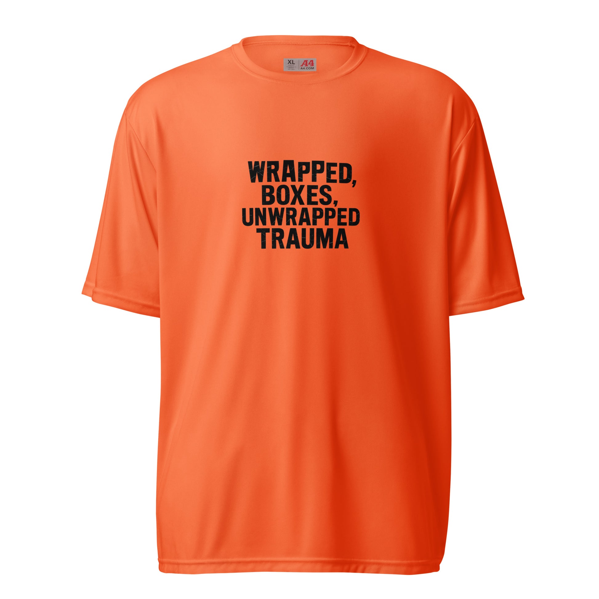 Wrapped Boxes, Unwrapped Trauma - Sarcastic T-Shirt | PureSarcasm in Shirt Safety Orange - Front View | Sarcastic T-shirt | PureSarcasm