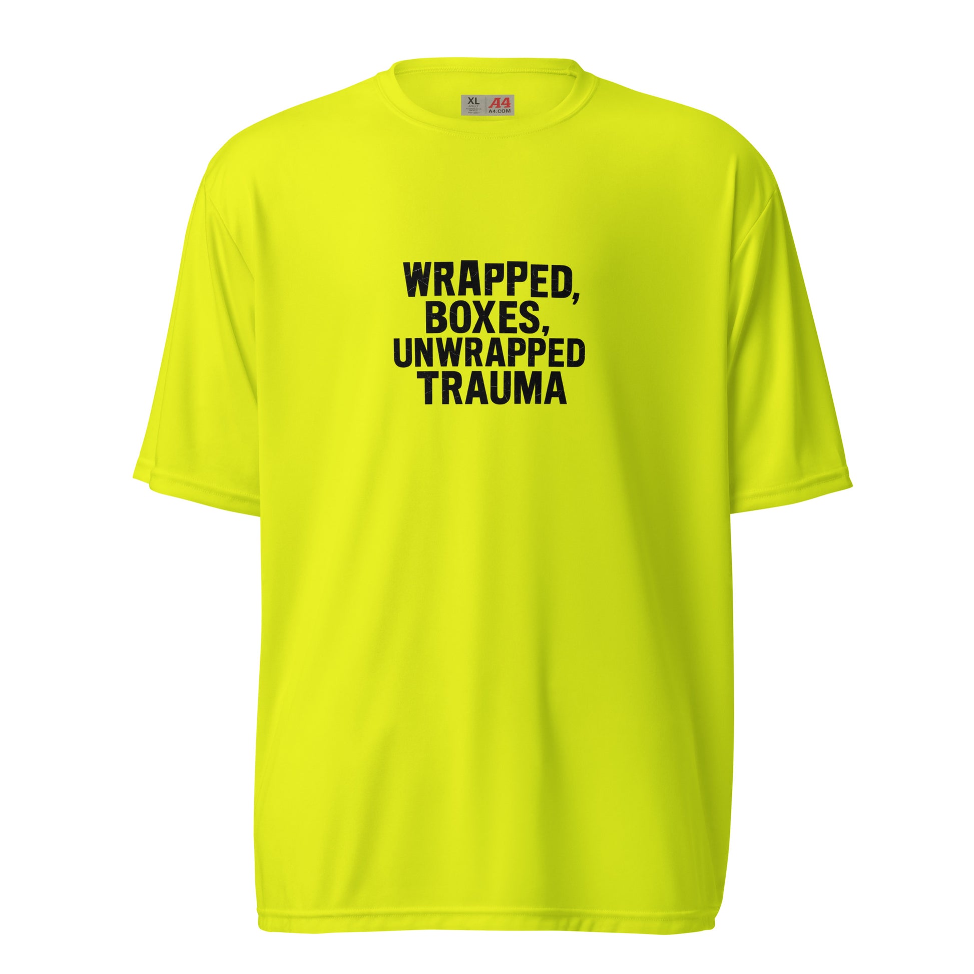 Wrapped Boxes, Unwrapped Trauma - Sarcastic T-Shirt | PureSarcasm in Shirt Safety Yellow - Front View | Sarcastic T-shirt | PureSarcasm
